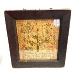 Antique framed sampler Adam and Eve, dated 1850, approximate frame measurements: 17 x 16.5 inches