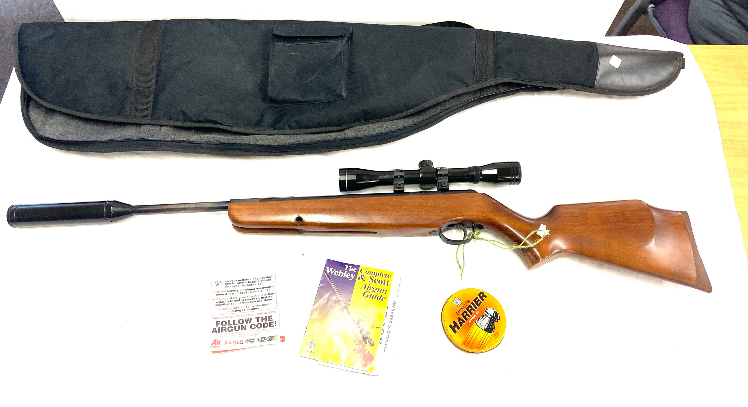 Webley and Scott Xocet 2.2 cal air rifle with silencer and scope in case