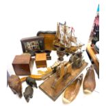 wood and metal gladiator figure with galleon ship and framed village scene, together with various