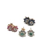 3 x 9ct gold paired gemstone cluster stud earrings inc. emerald, sapphire, ruby & diamond (4.4g)