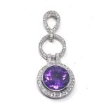 Fine 9ct white gold diamond & amethyst drop pendant measures approx 3.7cm drop weight 4.1g