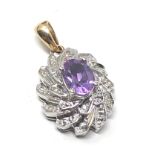 9ct white & yellow gold amethyst & diamond pendant measures approx 2.2cm drop weight 2.9g