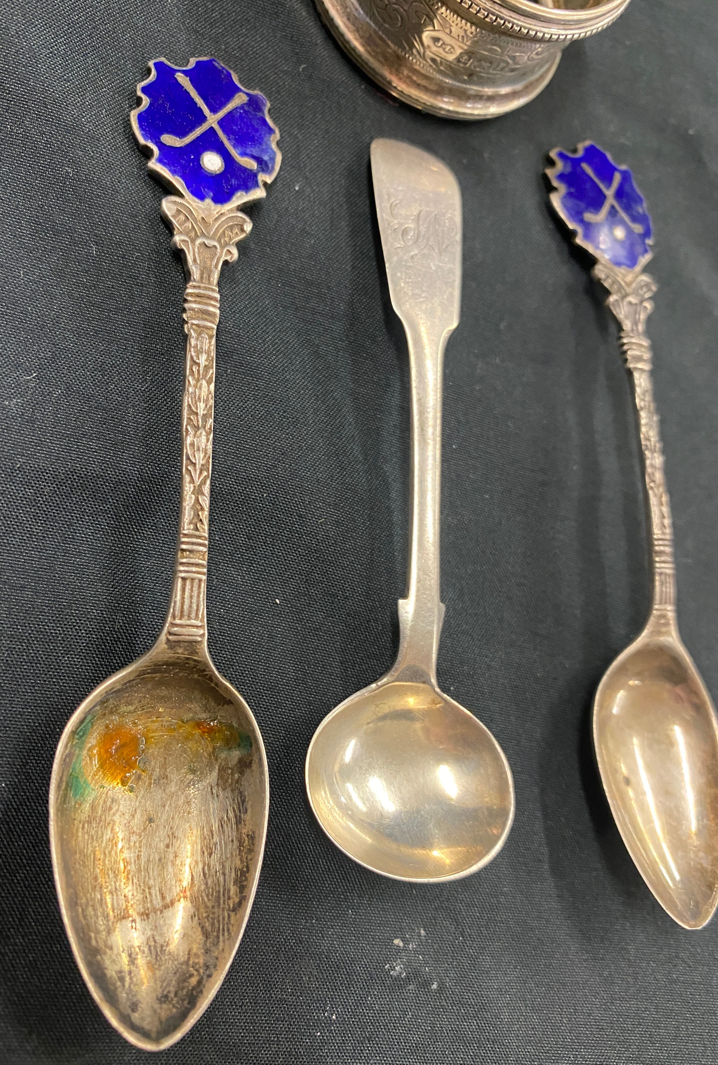 3 silver and enamel spoons and a silver napkin ring - Image 2 of 4