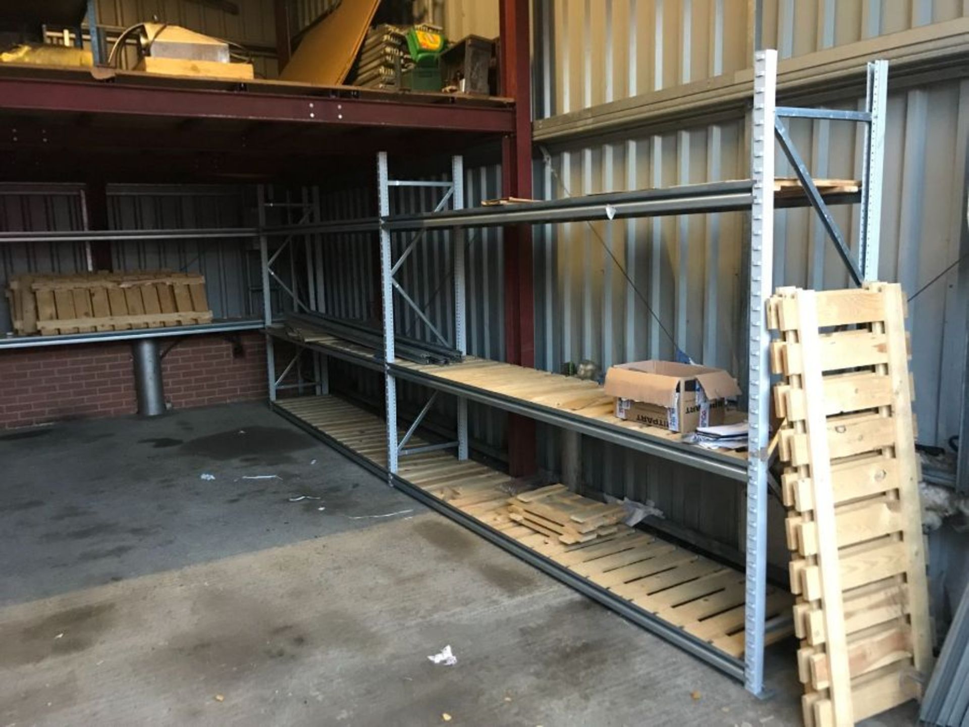 Various racking, 9 uprights, 34 cross beams with wooden shelves - Image 2 of 4