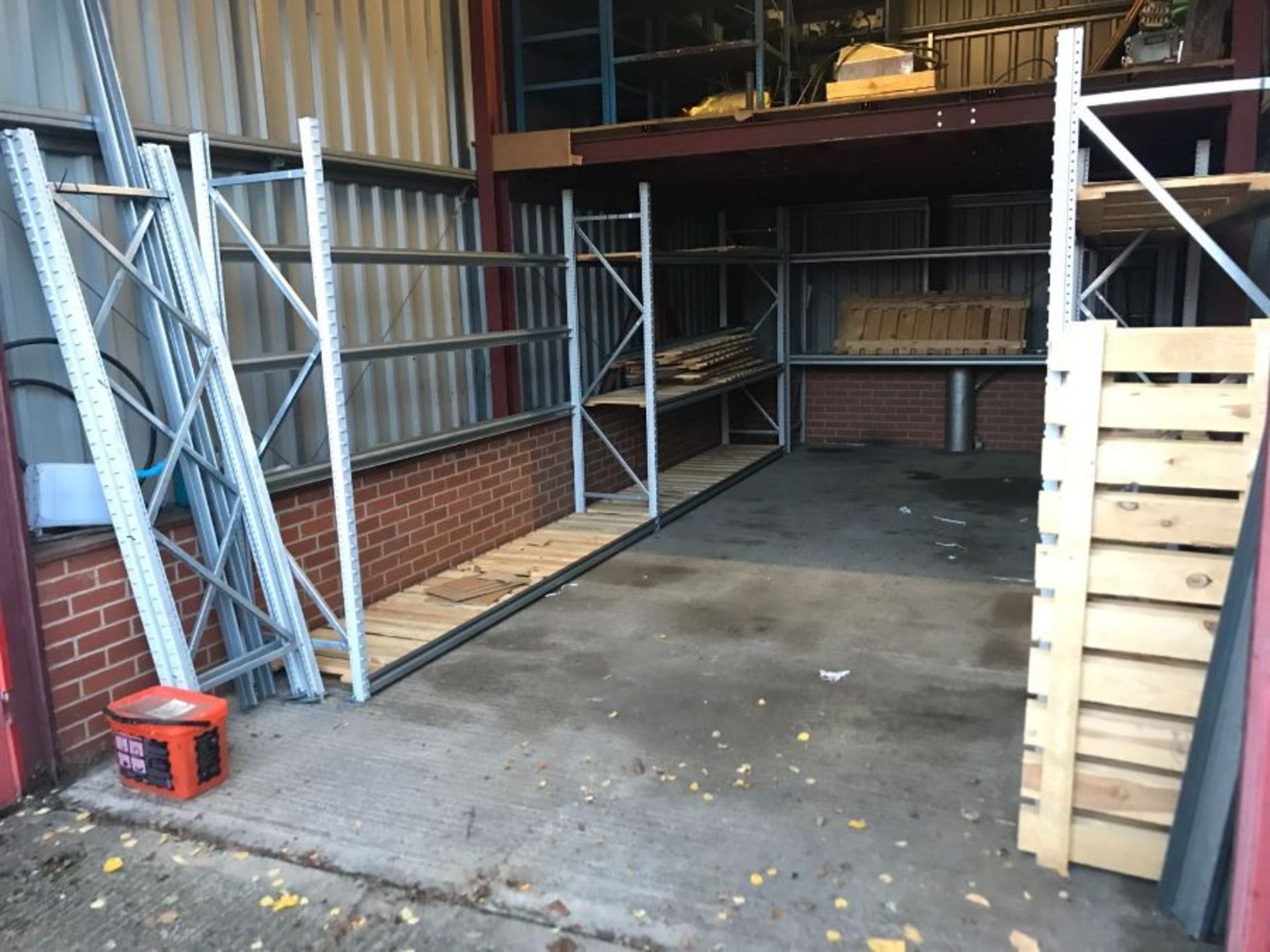 Various racking, 9 uprights, 34 cross beams with wooden shelves - Image 3 of 4