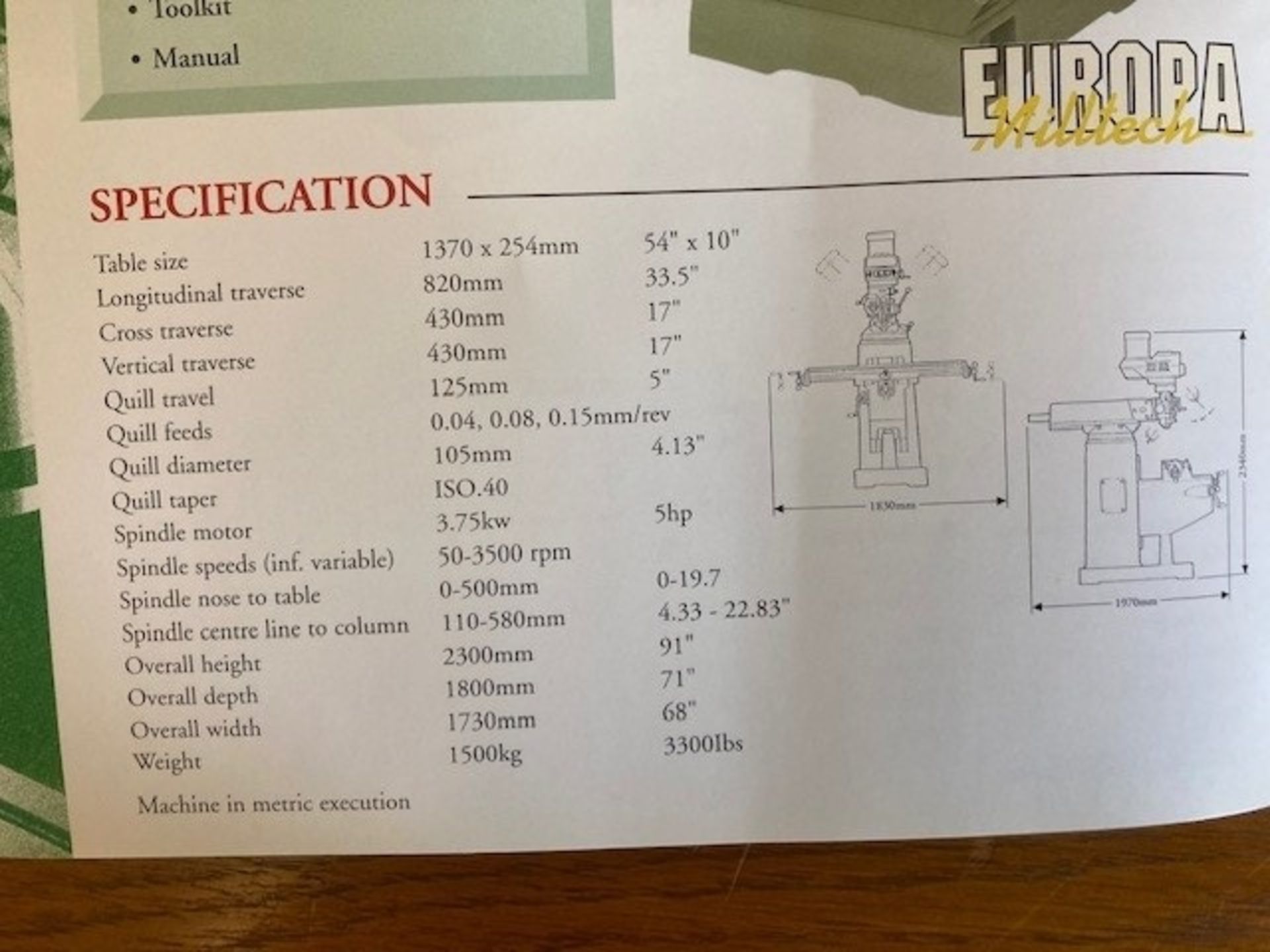 Europa Milltech 5000VS Heavy Duty Turret Mill - Image 13 of 14
