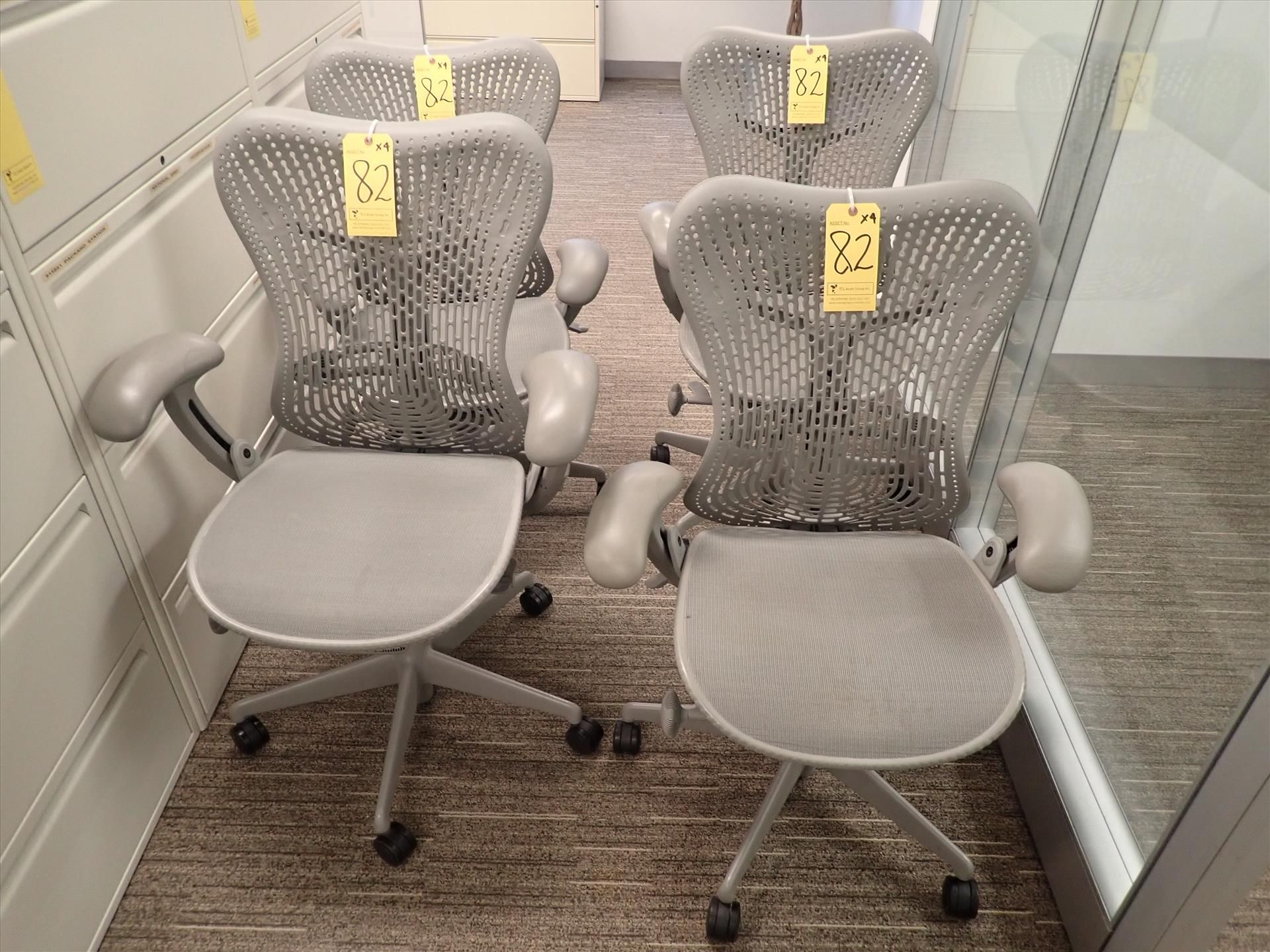 Herman Miller Mirra task chairs; adjustable height, arms, lumbar support, tilt seat and back,