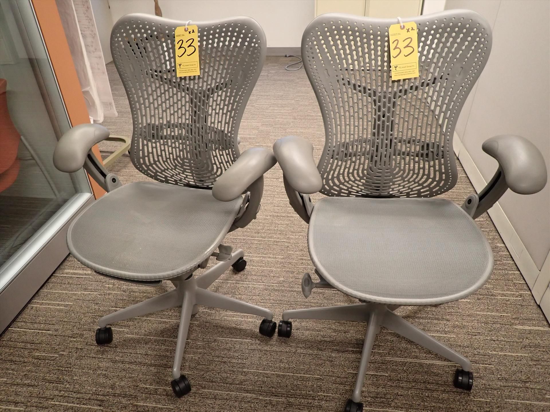 Herman Miller Mirra task chairs; adjustable height, arms, lumbar support, tilt seat and back,