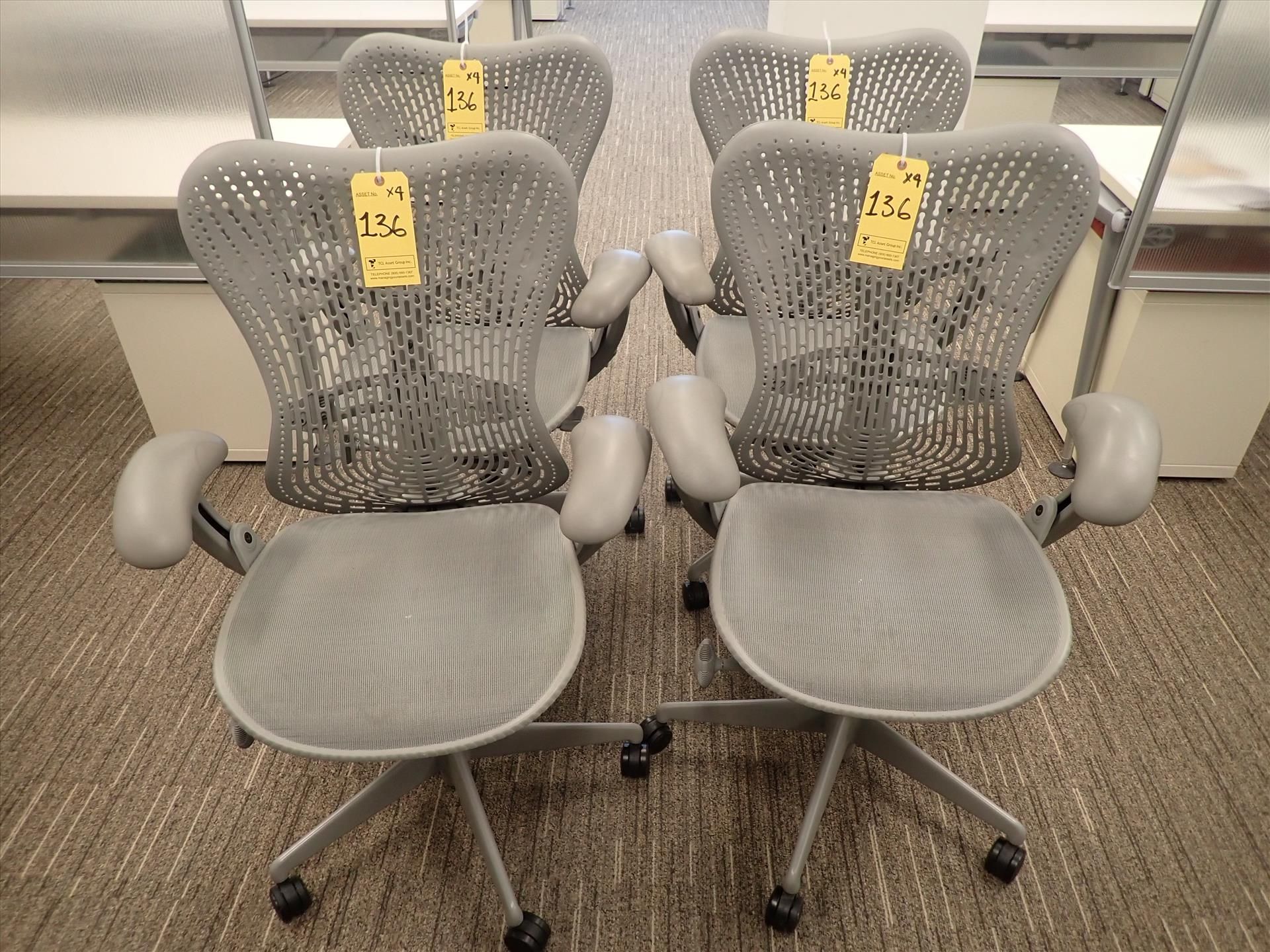 Herman Miller Mirra task chairs; adjustable height, arms, lumbar support, tilt seat and back,