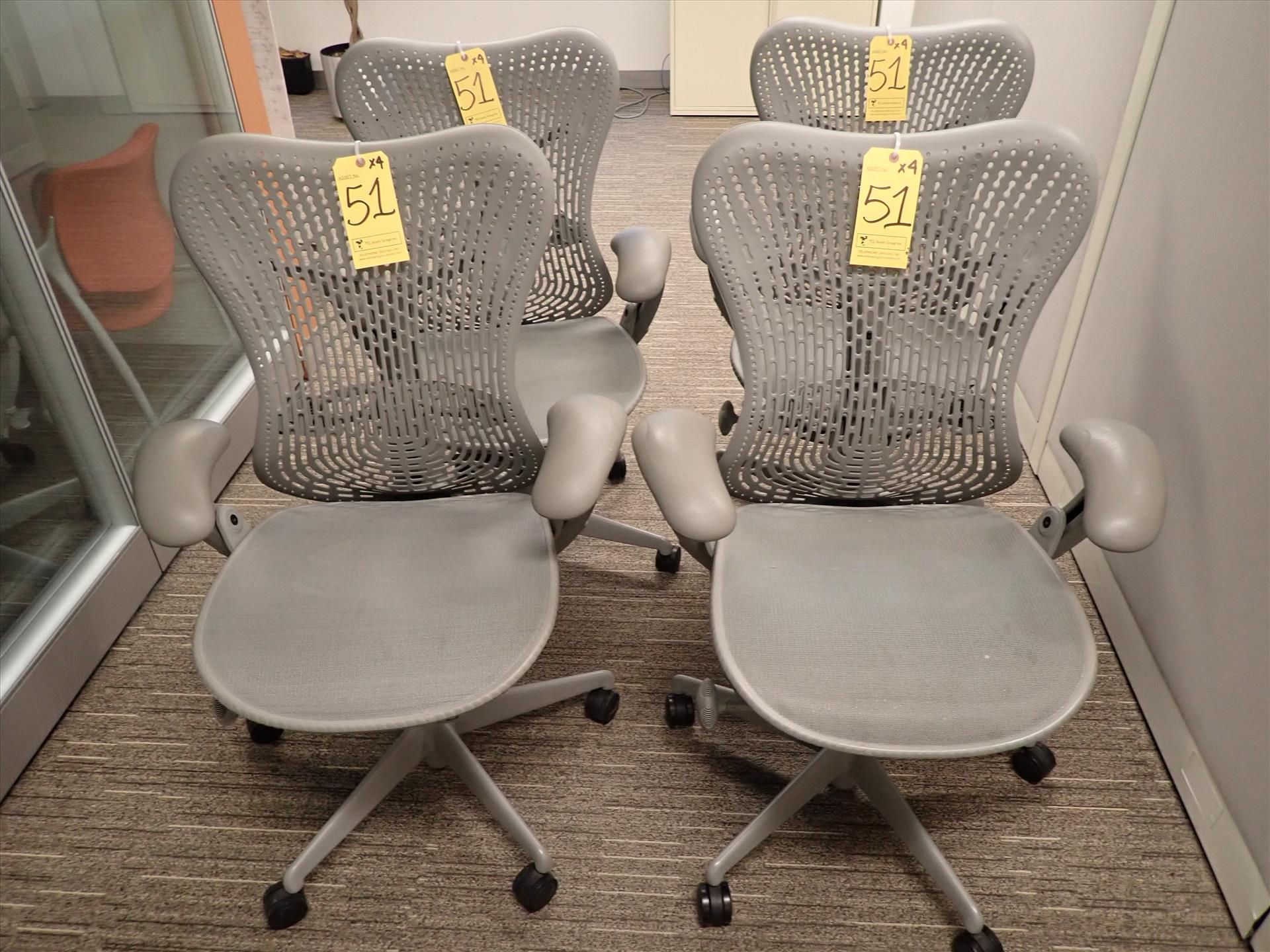 Herman Miller Mirra task chairs; adjustable height, arms, lumbar support, tilt seat and back,