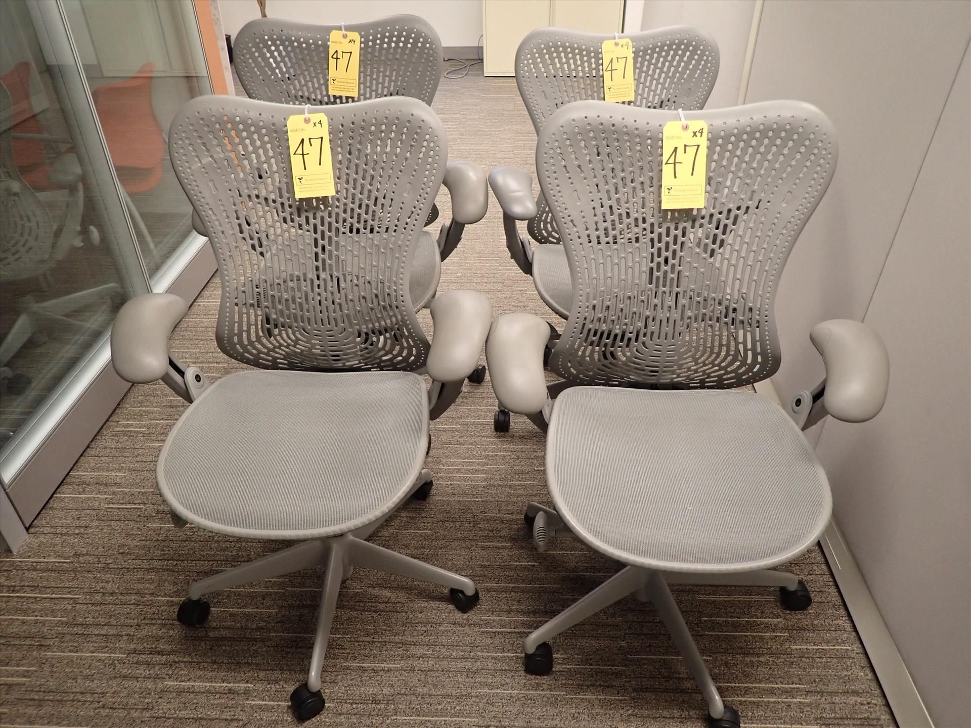 Herman Miller Mirra task chairs; adjustable height, arms, lumbar support, tilt seat and back,