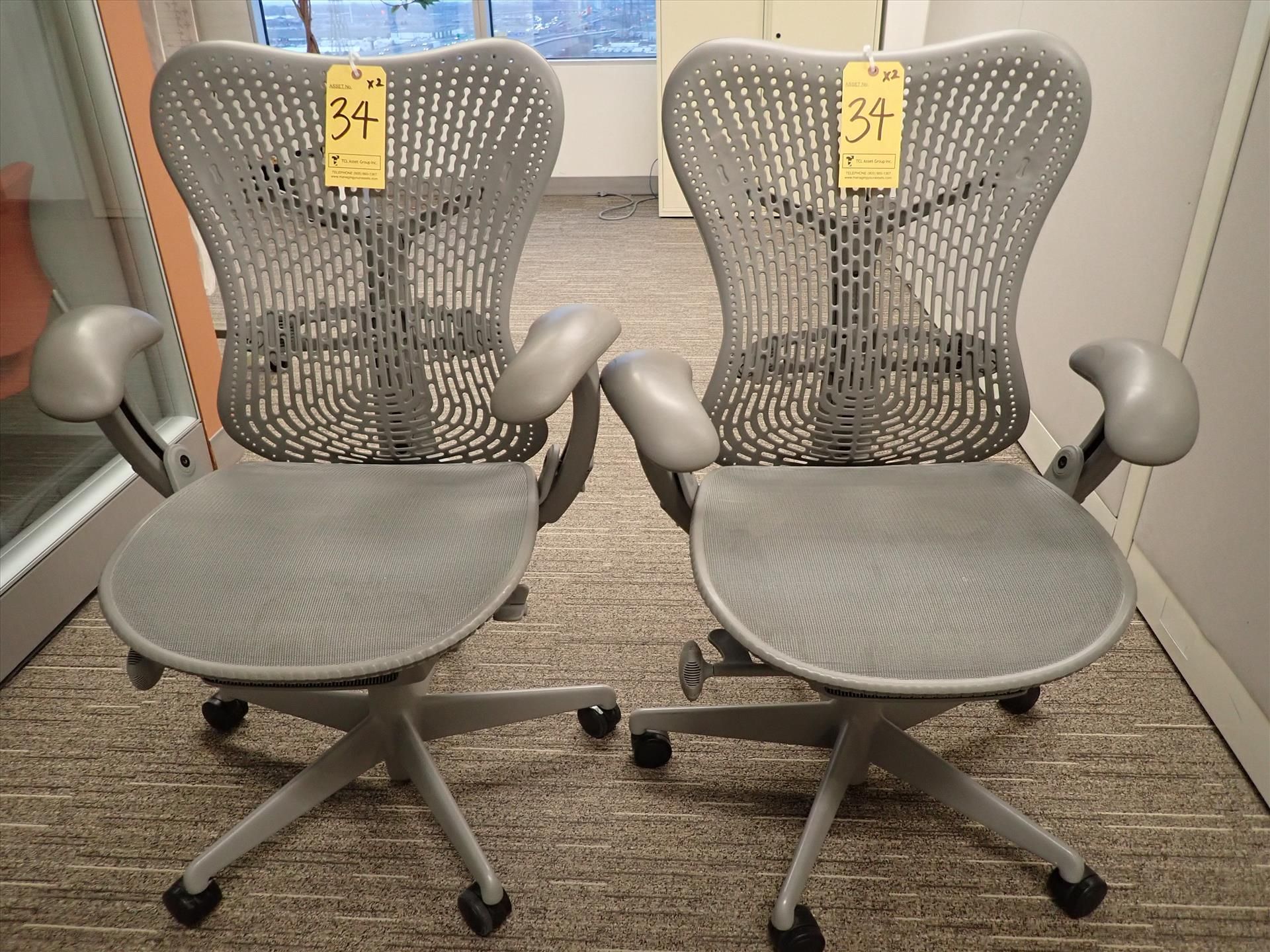 Herman Miller Mirra task chairs; adjustable height, arms, lumbar support, tilt seat and back,