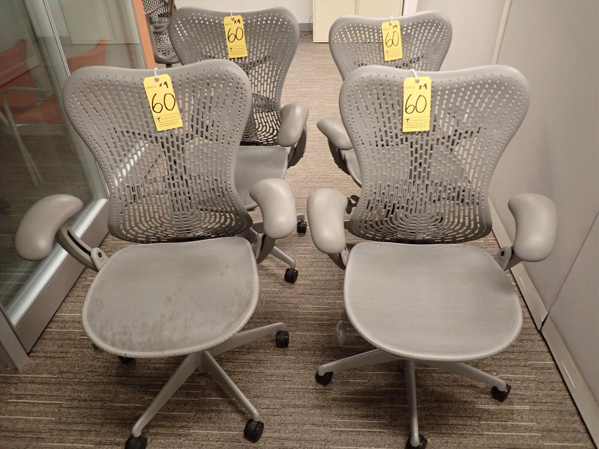 Herman Miller Mirra task chairs; adjustable height, arms, lumbar support, tilt seat and back,