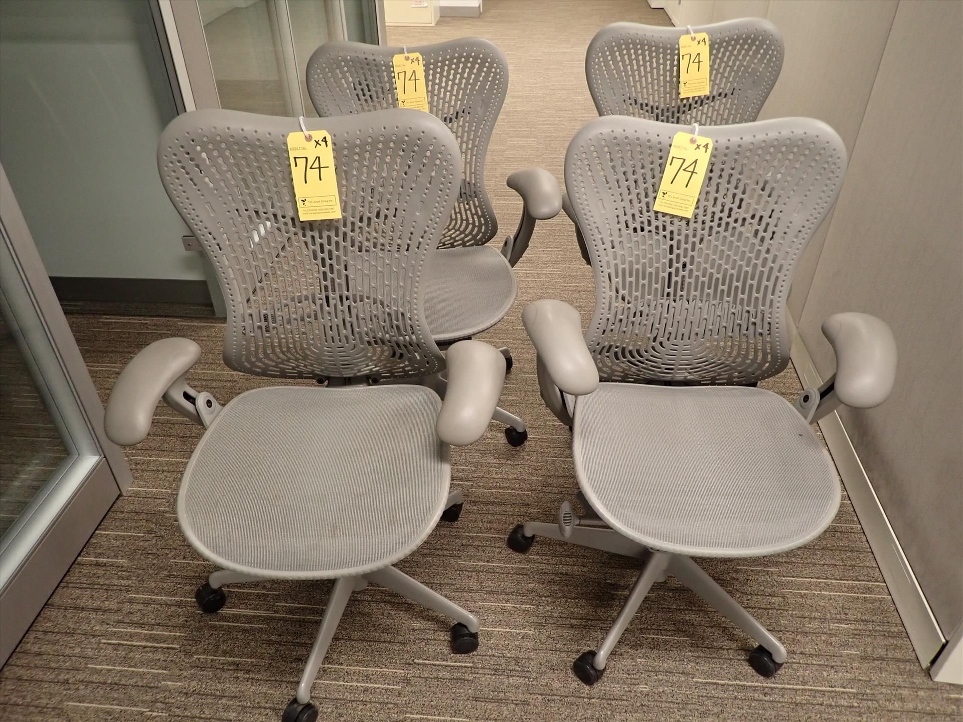 Herman Miller Mirra task chairs; adjustable height, arms, lumbar support, tilt seat and back,