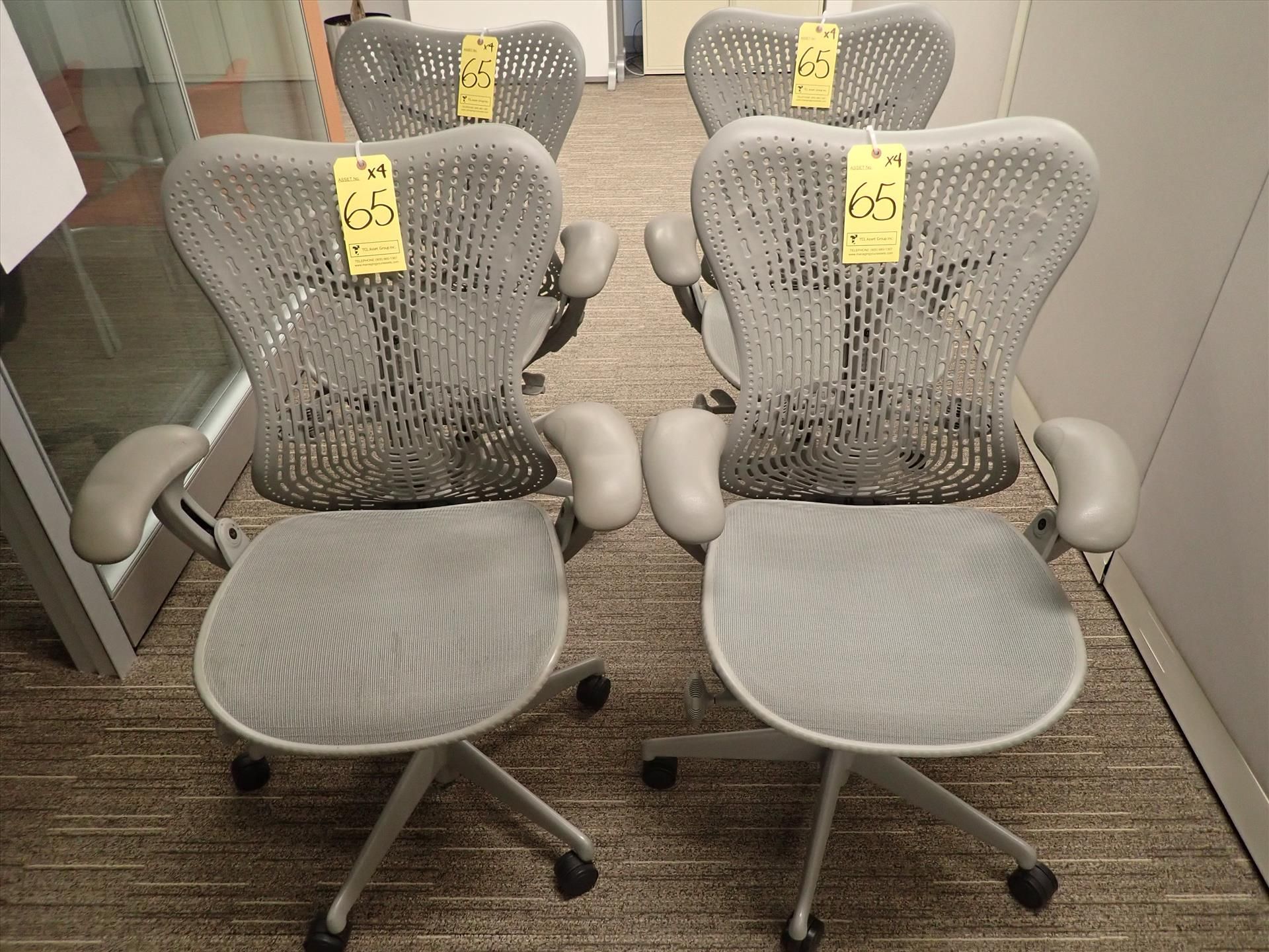 Herman Miller Mirra task chairs; adjustable height, arms, lumbar support, tilt seat and back,