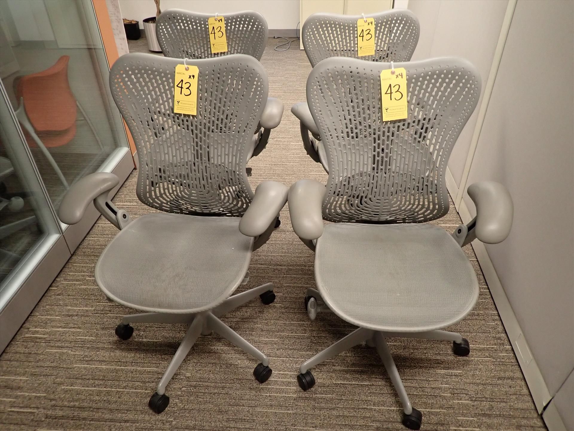 Herman Miller Mirra task chairs; adjustable height, arms, lumbar support, tilt seat and back,