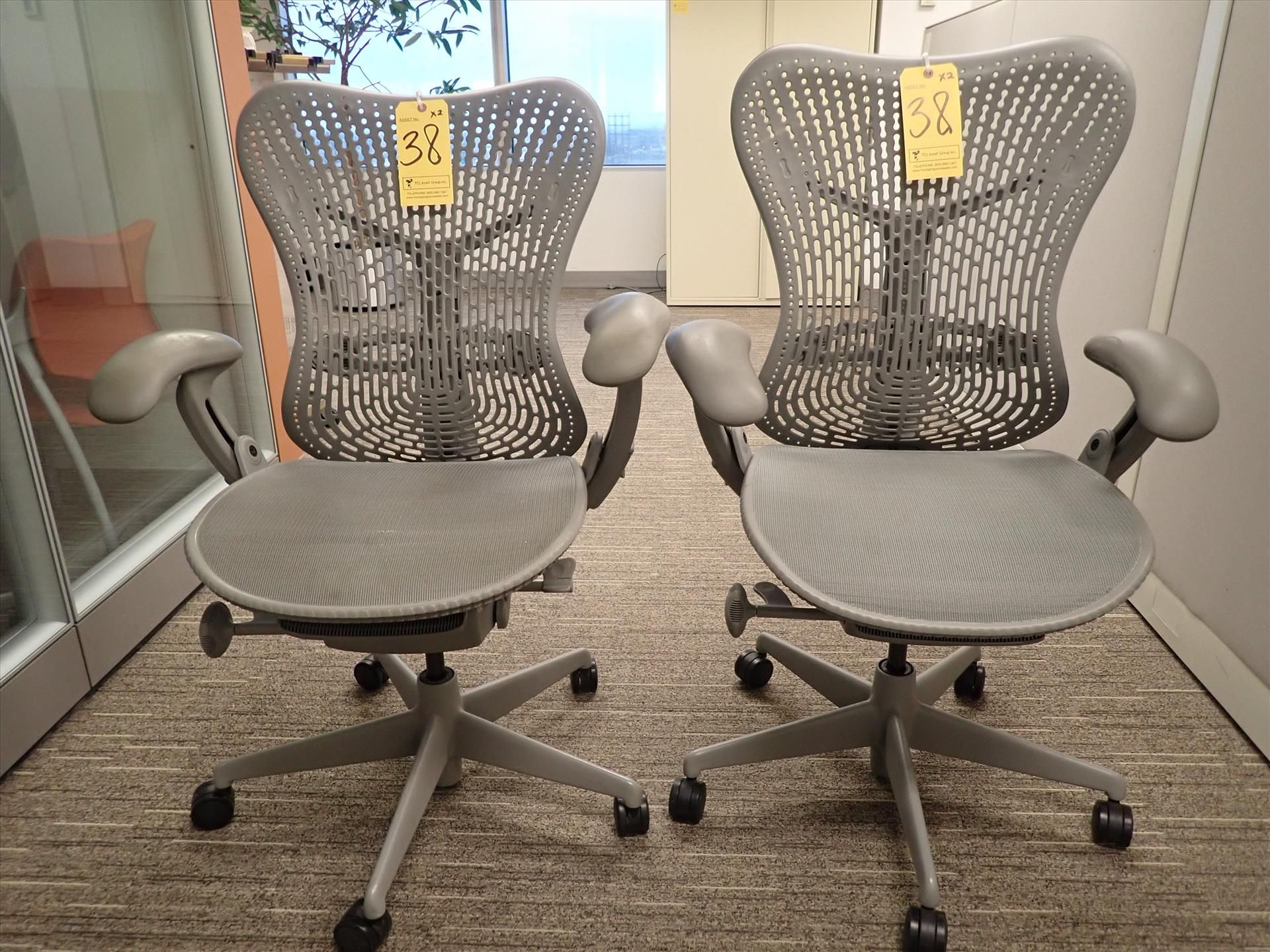 Herman Miller Mirra task chairs; adjustable height, arms, lumbar support, tilt seat and back,