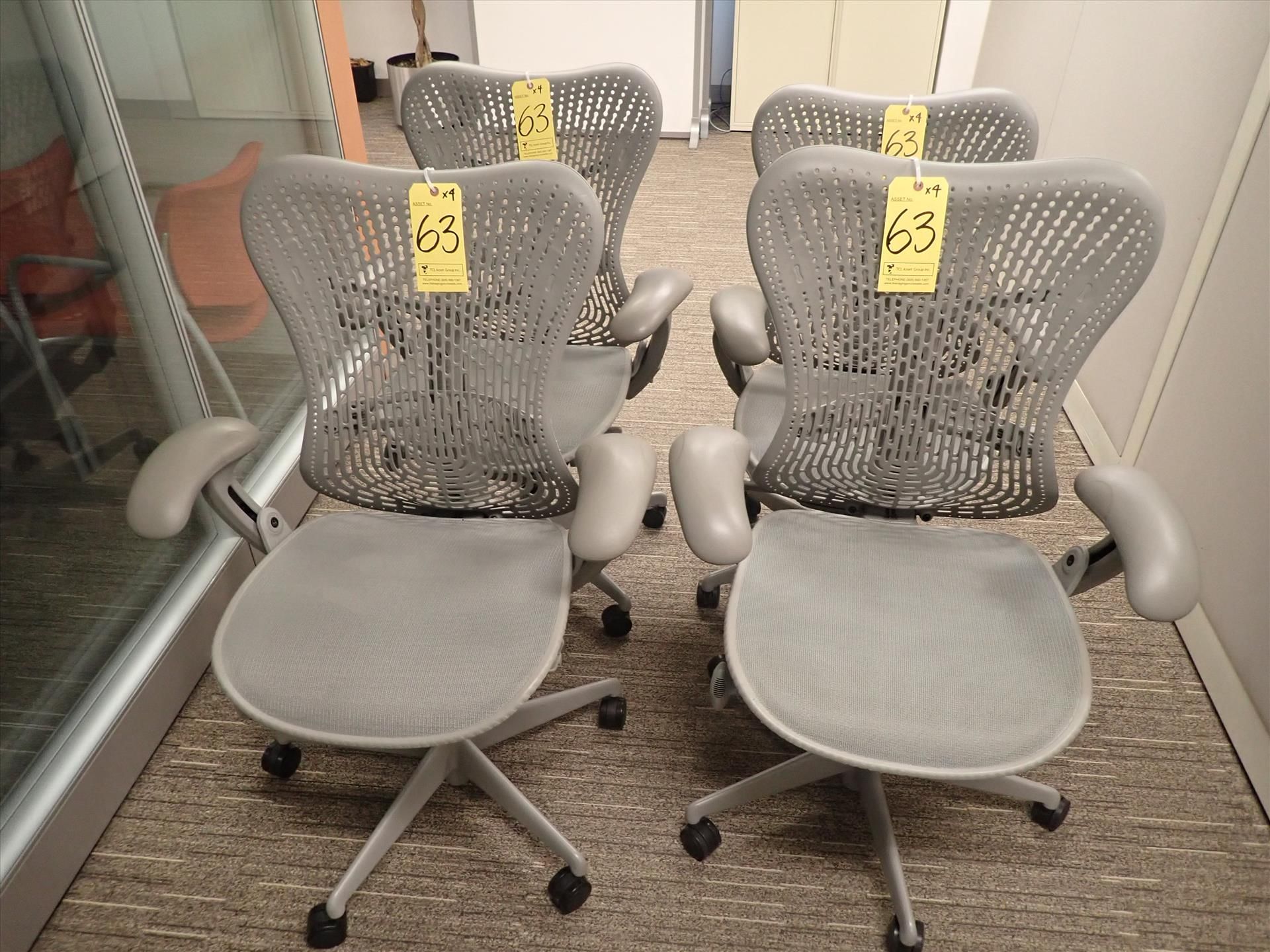 Herman Miller Mirra task chairs; adjustable height, arms, lumbar support, tilt seat and back,