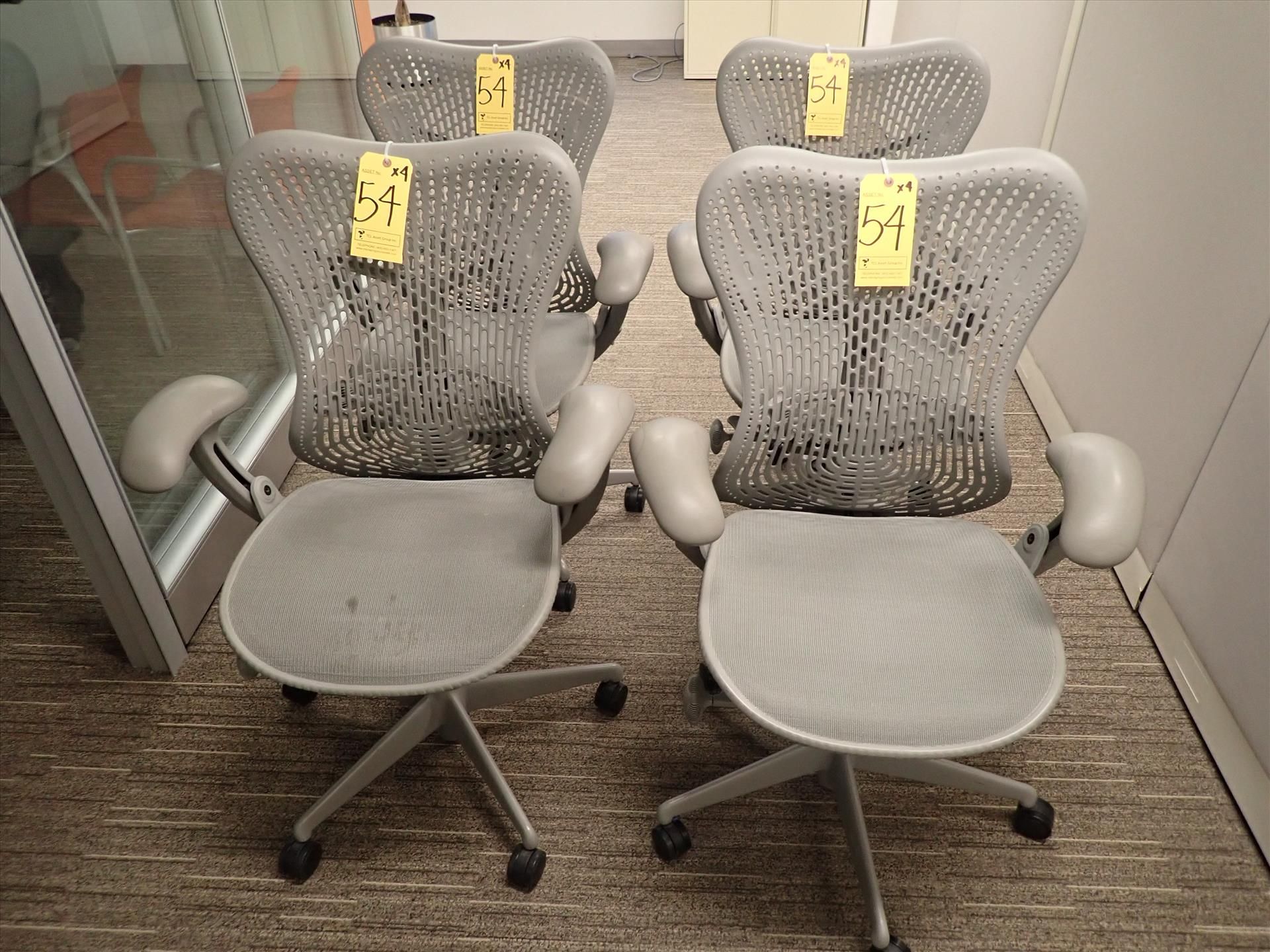 Herman Miller Mirra task chairs; adjustable height, arms, lumbar support, tilt seat and back,