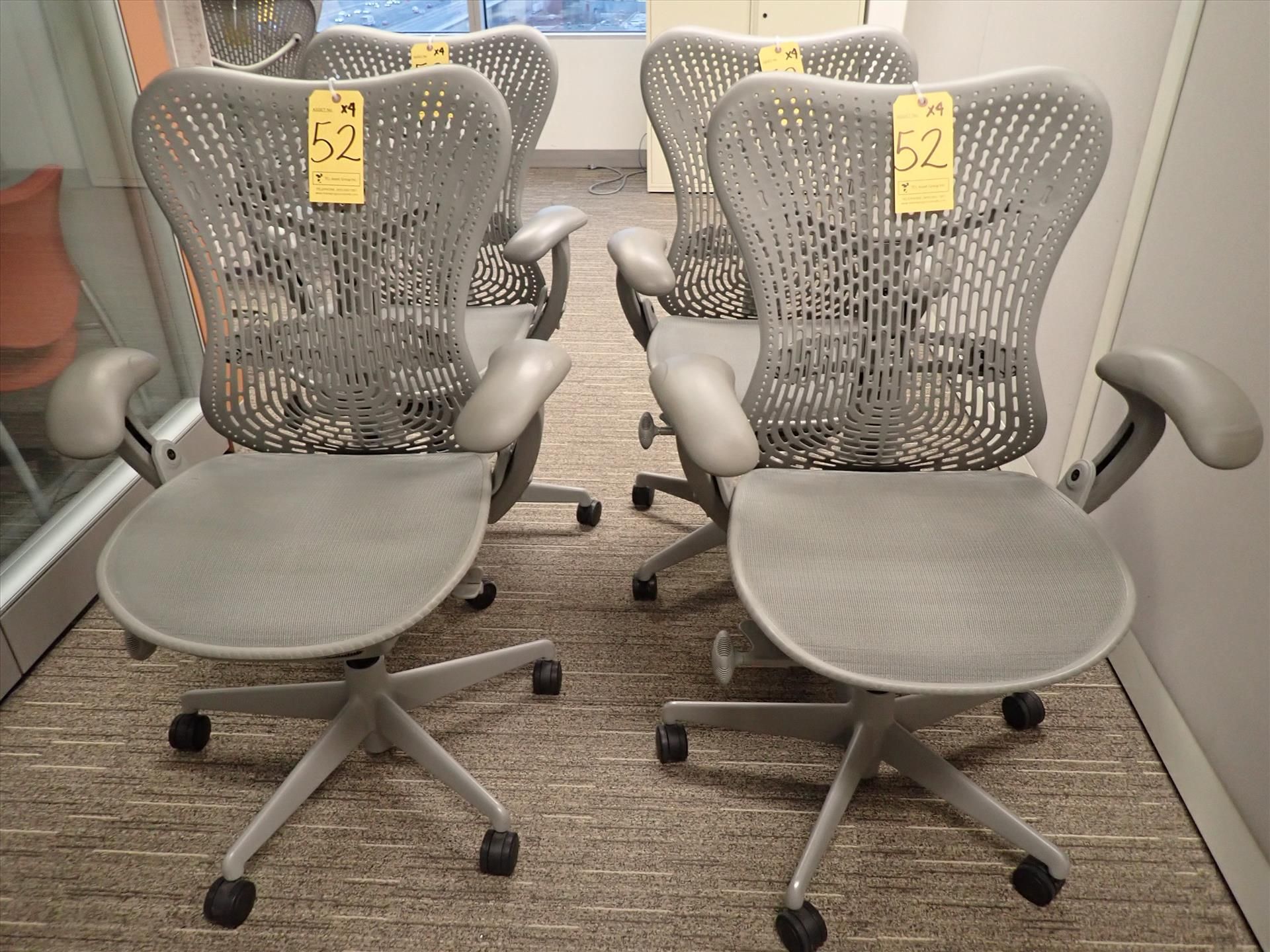 Herman Miller Mirra task chairs; adjustable height, arms, lumbar support, tilt seat and back,