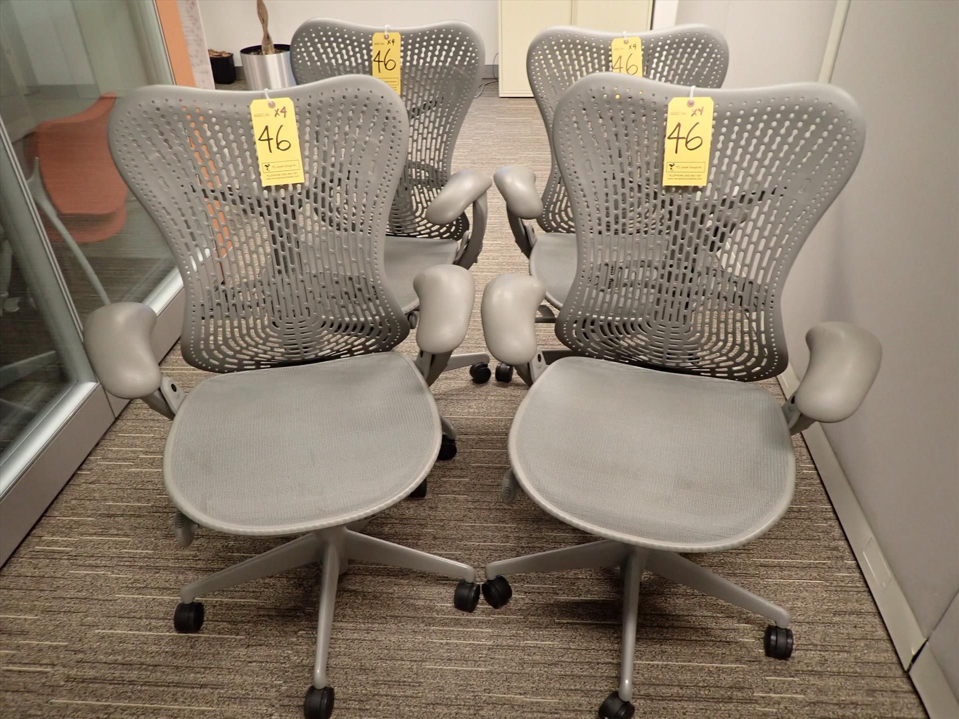 Herman Miller Mirra task chairs; adjustable height, arms, lumbar support, tilt seat and back,