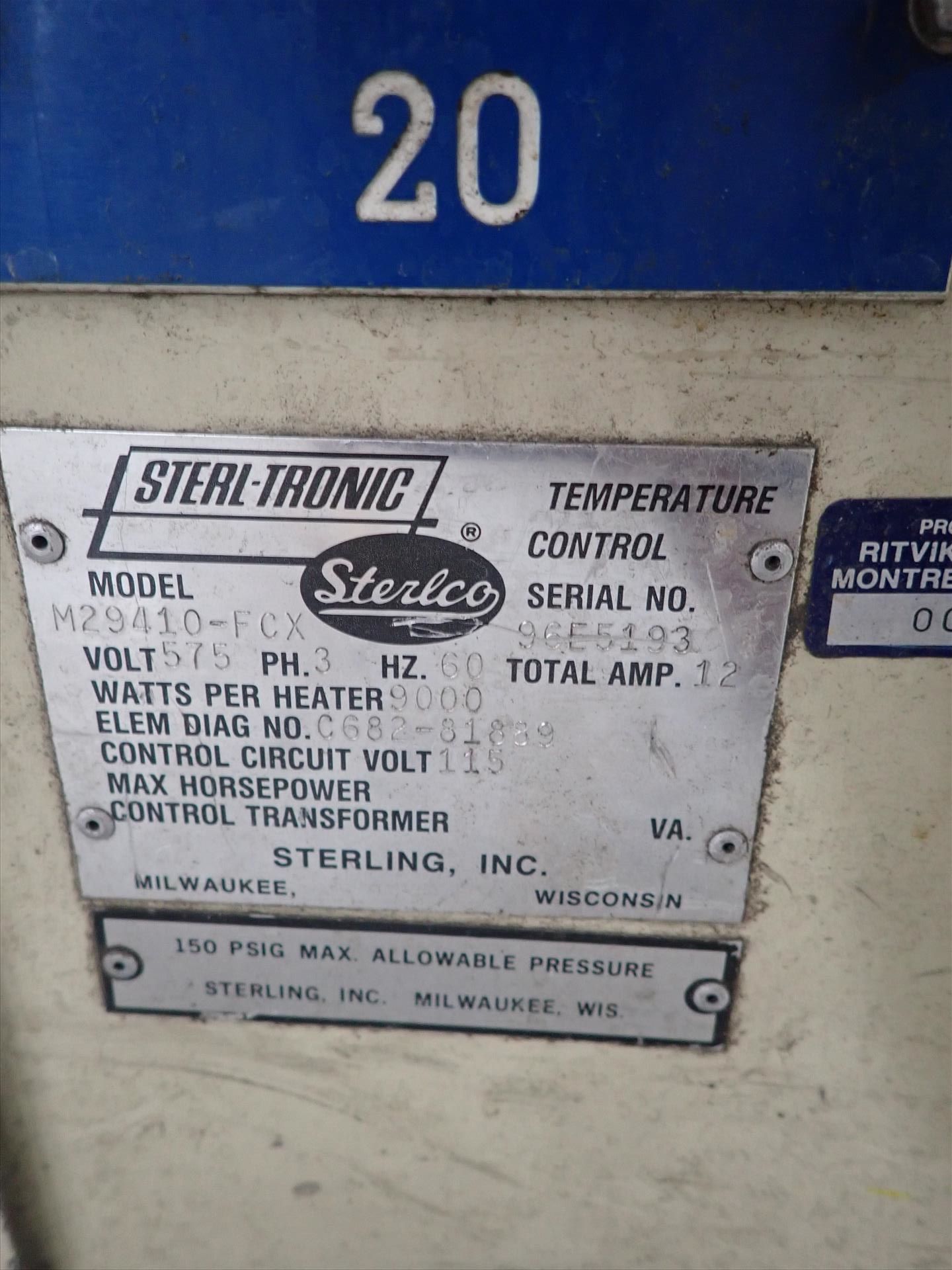 Sterlco water temperature controller, mod. M23410-FCX, ser. no. 96E5193 - Image 2 of 2