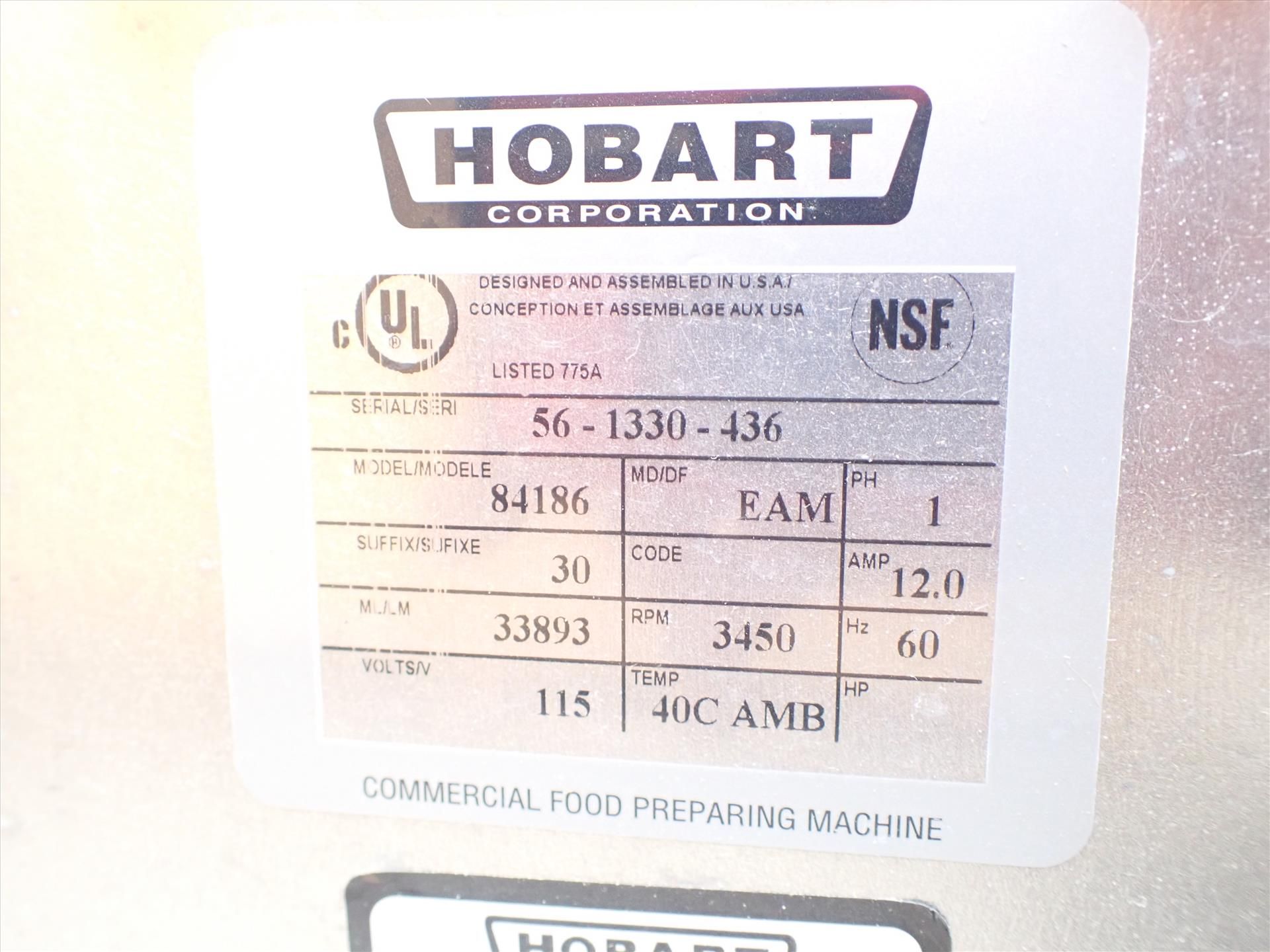 Hobart bowl cutter, mod. 84186, ser. no. 56-1330-436, 1 hp (2019 NEW in box) - Image 3 of 3