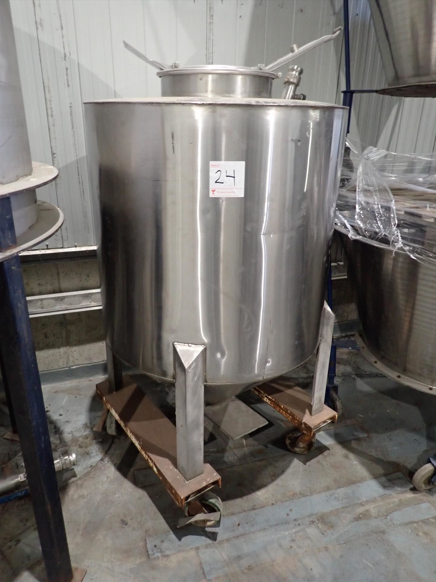 Stainless Steel Tank/Hopper, cone bottom, bottom discharge, approx. 40 in. dia. x 36 in. on casters