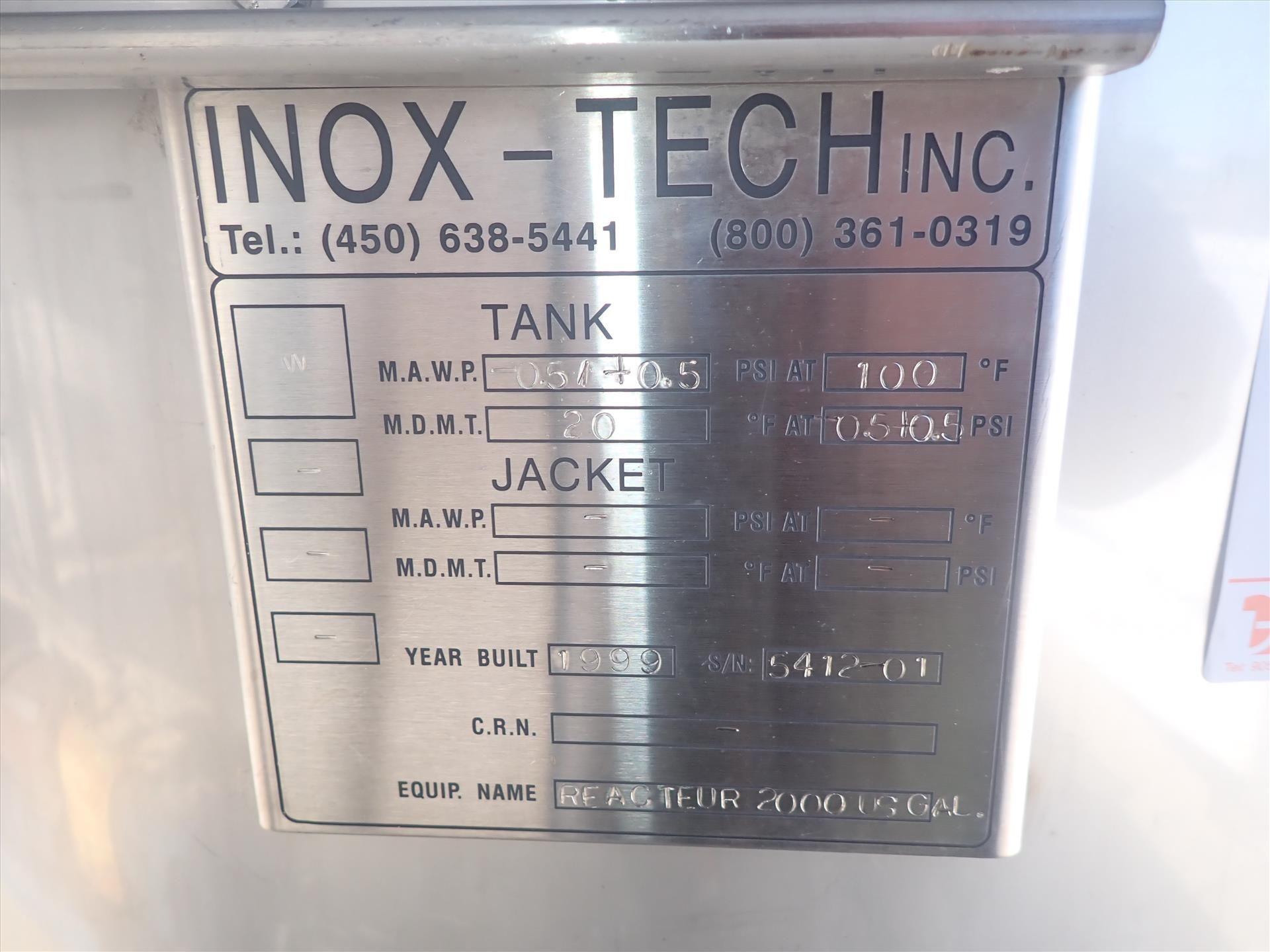 Inox-Tech Stainless Steel Tank, mod. Reacteur2000, ser. no. 5412-01, approx. 2000 gal. - Image 6 of 6