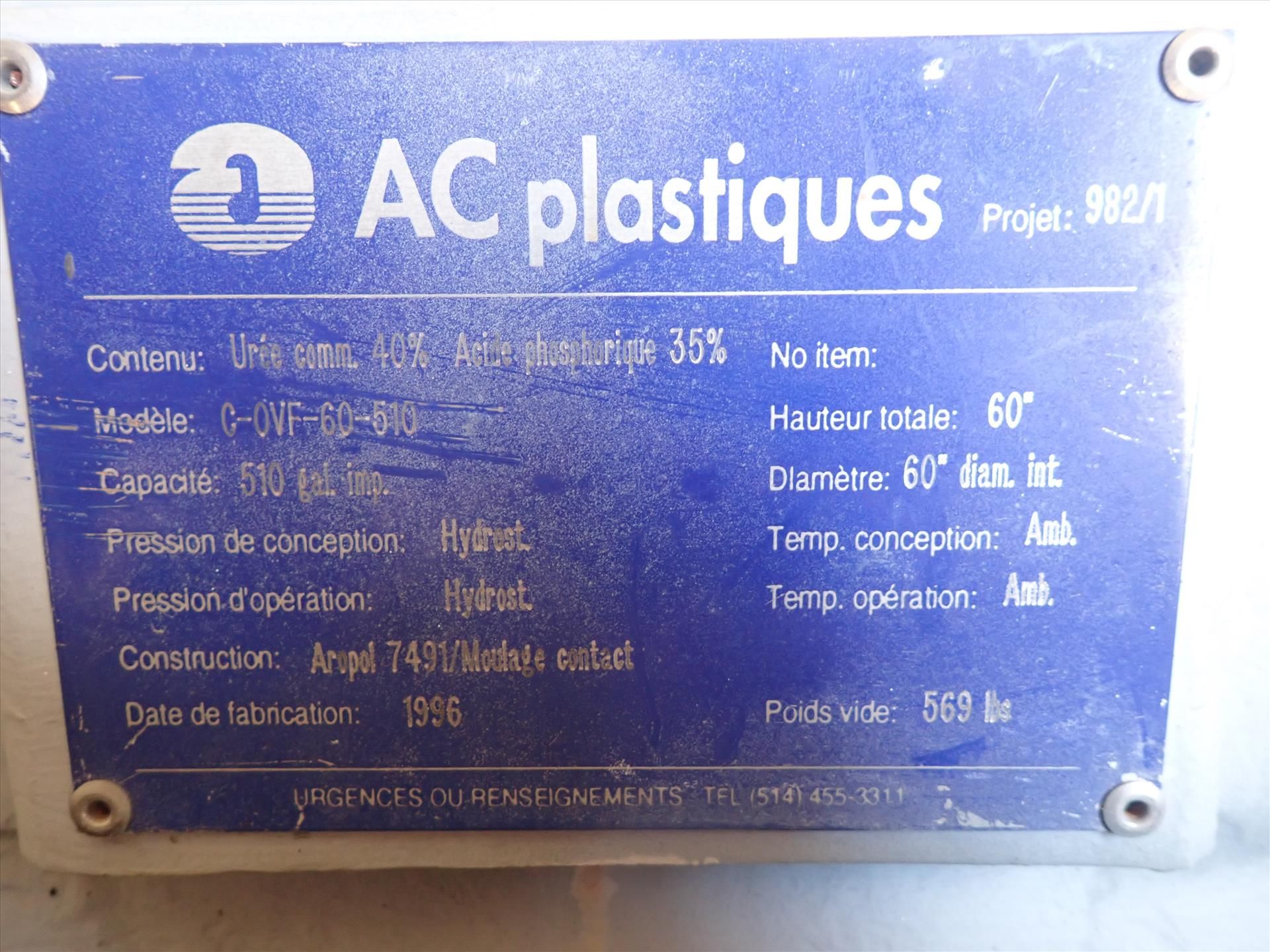 AC Plastique Fibreglass Tank, 510 gal. cap. [tagged 143A] - Image 2 of 2