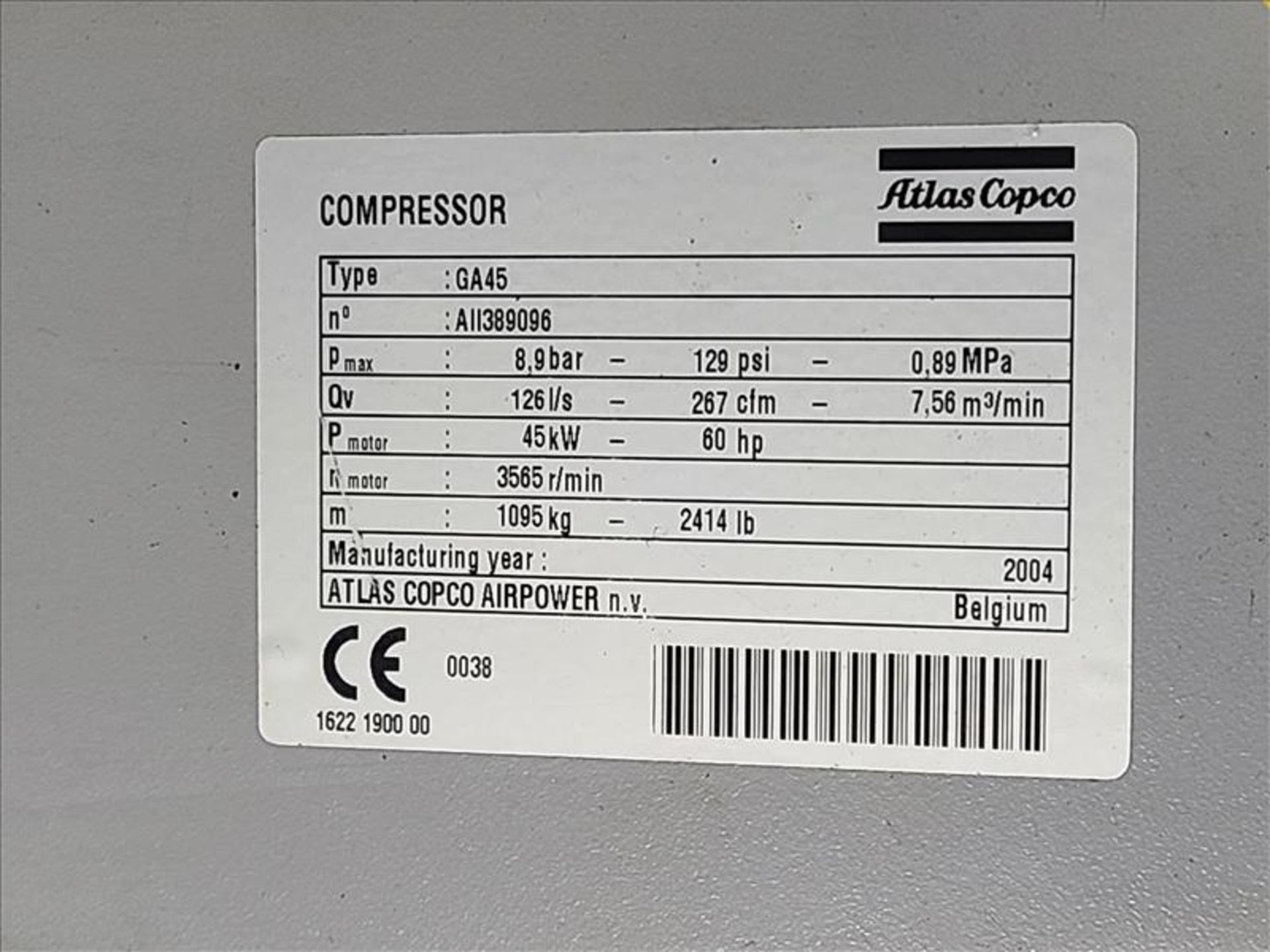 Atlas Copco Air Compressor, model GA 45, S/N AII389096, 60 hp, 129 PSI - Image 3 of 3