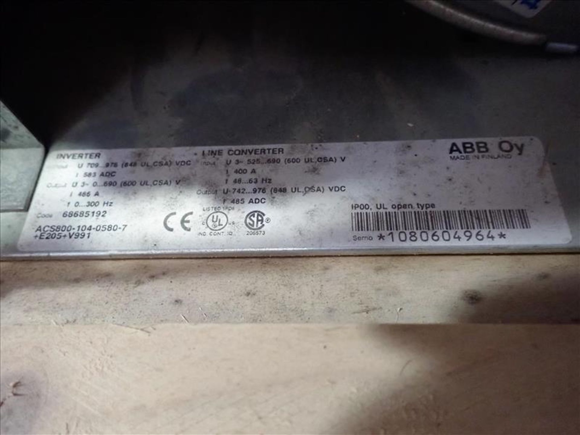 ABB Inverter/Line Converter, mod. ACS800-104-0580-7+E205+V991, 600V, 486A, 300Hz, 3Ph (Tag No. 4378) - Image 2 of 2