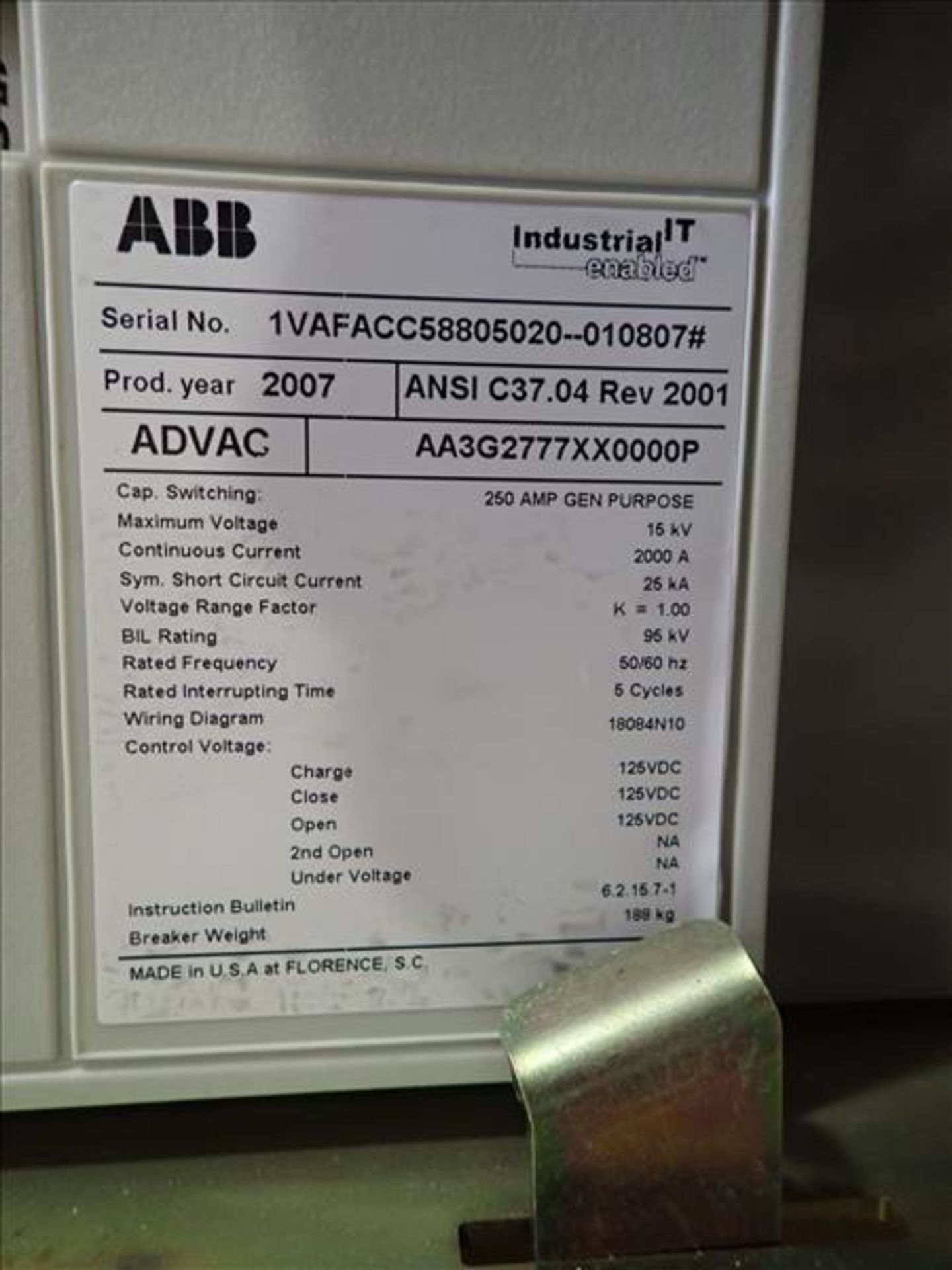 ABB ADVAC Medium Voltage Vacuum Circuit Breaker, mod. AA3G2777XX0000P (Tag No. 4427) [Sea - Image 3 of 3