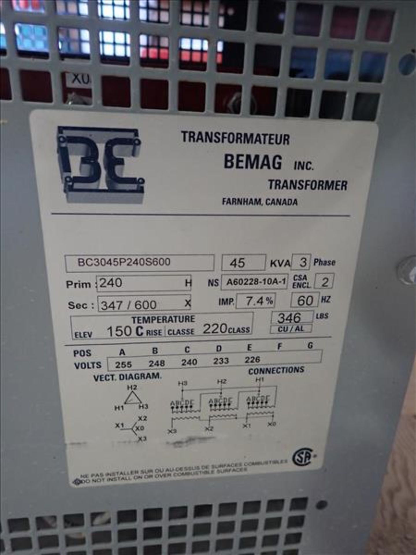 Bemag 45KVA Transformer (Tag No. 4289) [Sea Container 762887-1] {Location Hallnor} - Image 2 of 2