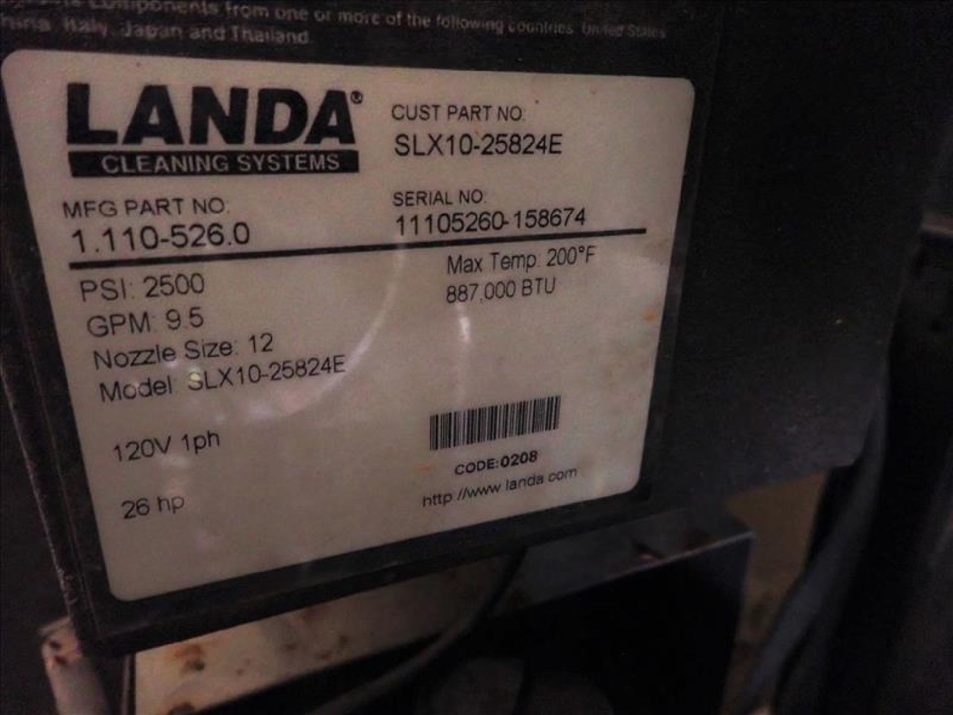 Landa Power Washer, mod. SLX10-2584E, 887000 BTU, 200 F, 9.5 GPM, 2500 PSI, 26 hp cap. c/w - Image 4 of 7