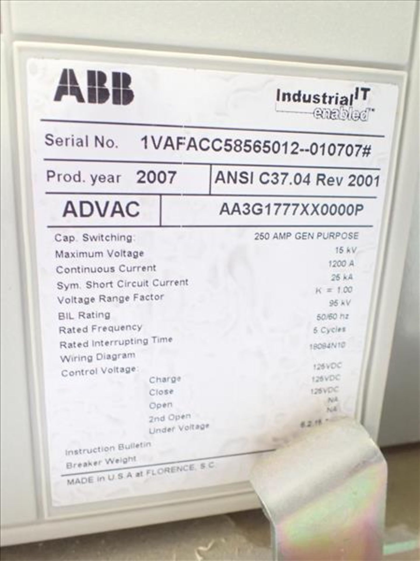 ABB ADVAC Medium Voltage Vacuum Circuit Breaker, mod. AA3G2777XX0000P (Tag No. 4648) [Sea - Image 4 of 4