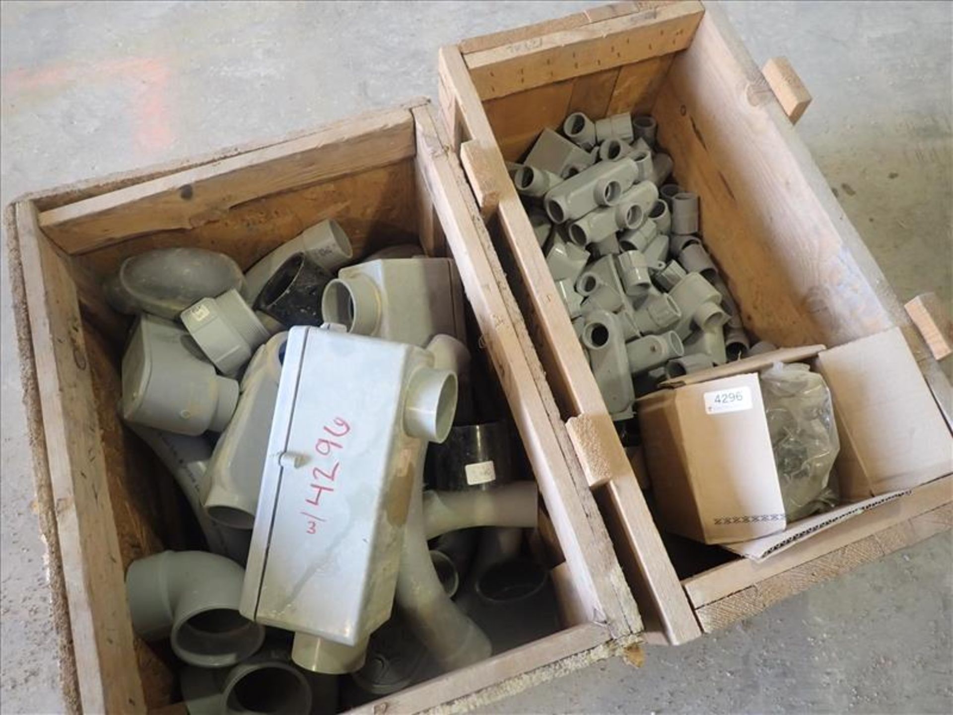 (2 crates) misc. PVC Conduit Fittings (Tag No. 4296) [Sea Container 762887-1] {Location Hallnor}