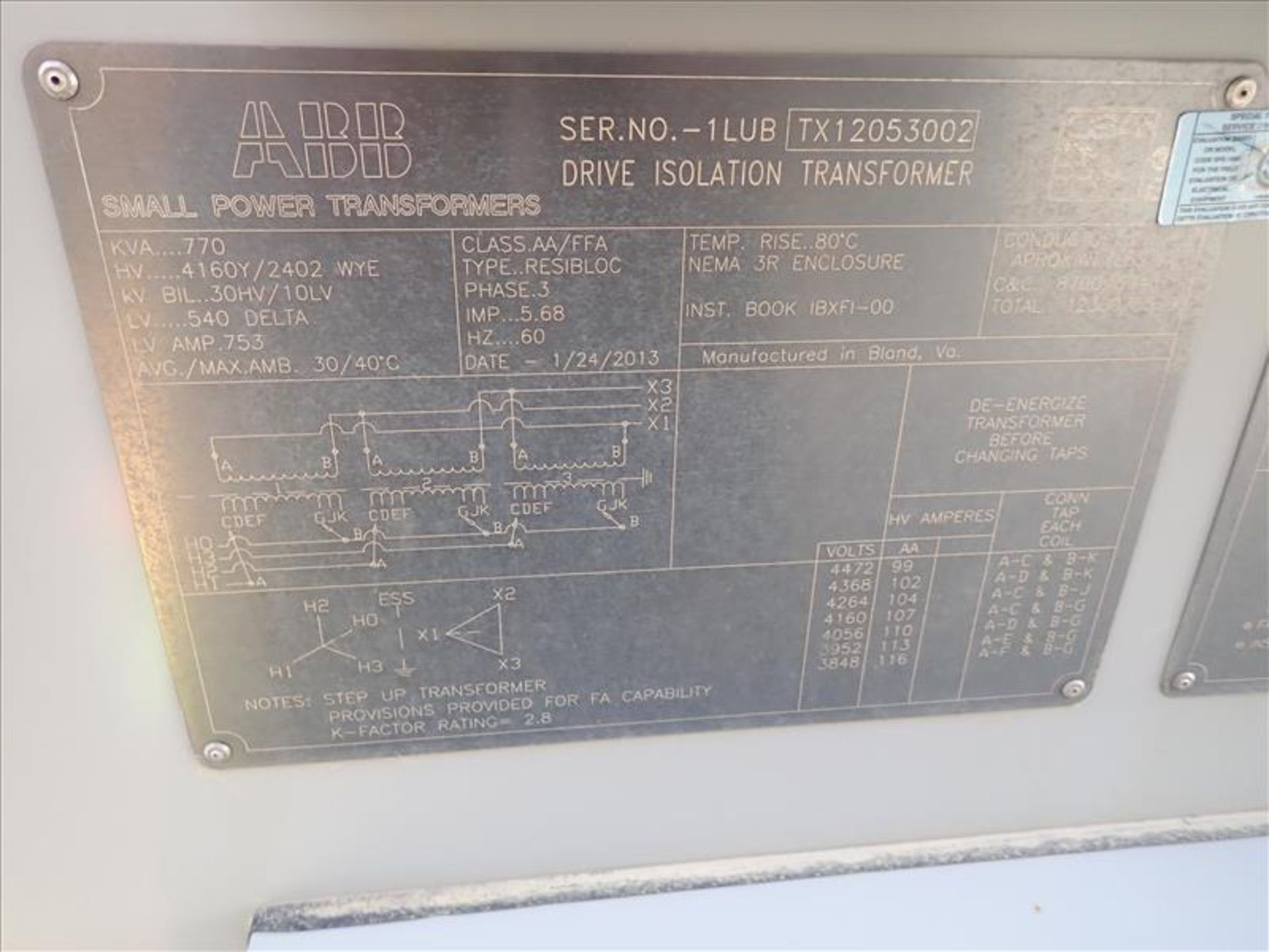 ABB Drive Isolation Transformer, ser. no. 1LUB-TX12053002 (2013), 770KVA, 60Hz, 3Ph, 540V, 753A (Tag - Image 4 of 4