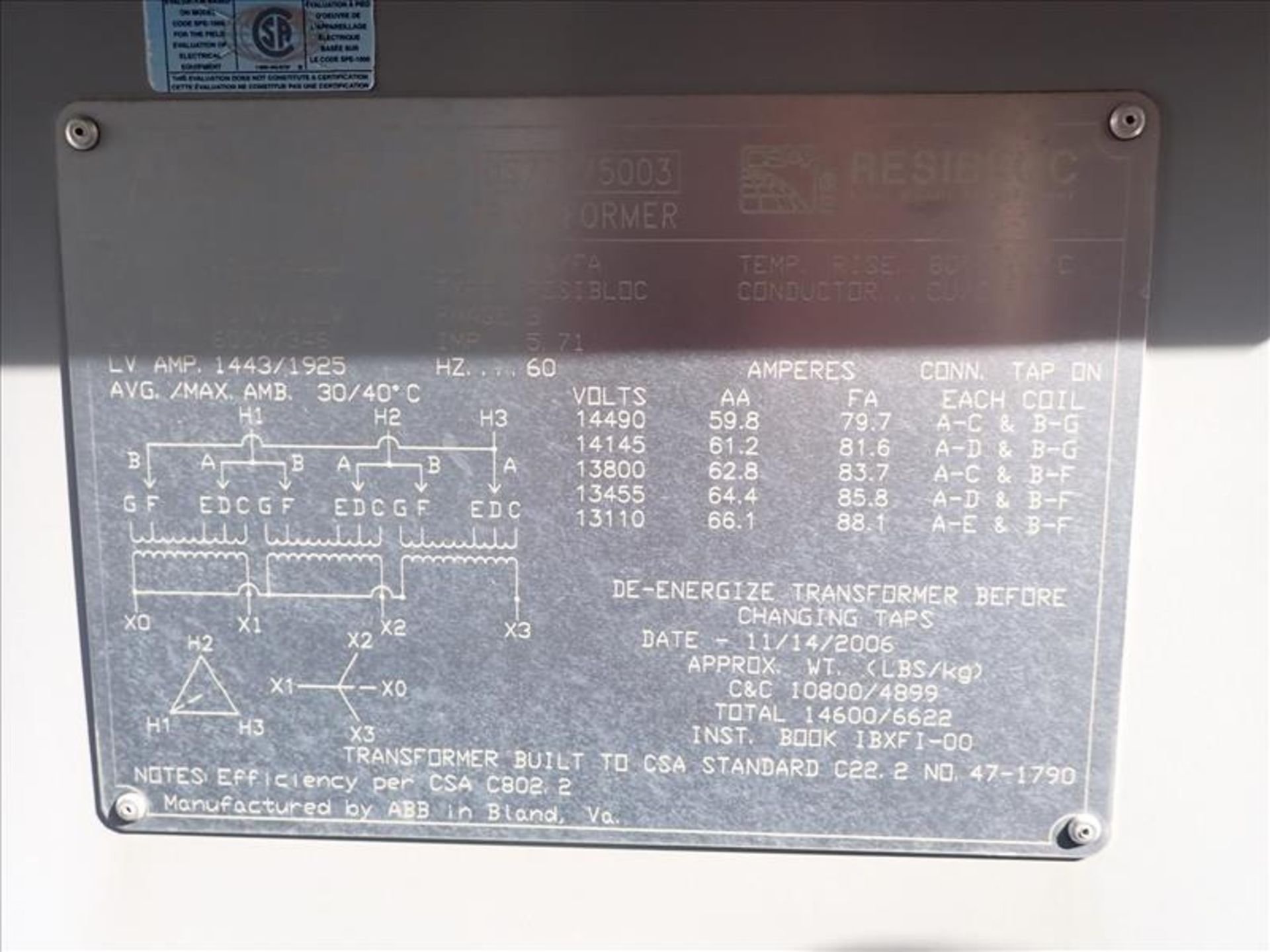 ABB ResiBloc Dry-Type Transformer, ser. no. DS77975003 (2006), 1500/2000KVA, 60Hz, 3Ph, 600/346V, - Image 4 of 4