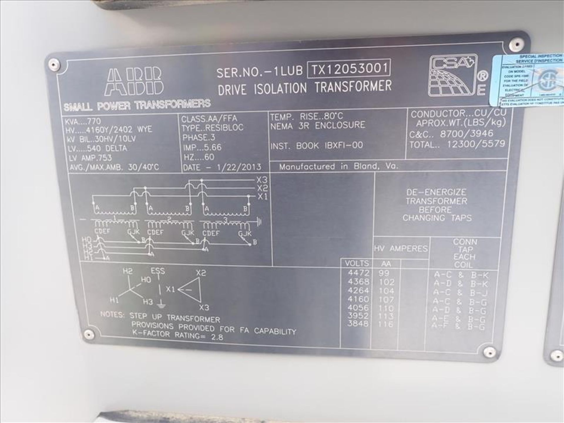 ABB Drive Isolation Transformer, ser. no. 1LUB-TX12-053001 (2013), 770KVA, 60Hz, 3Ph, 540DeltaV, - Image 4 of 4