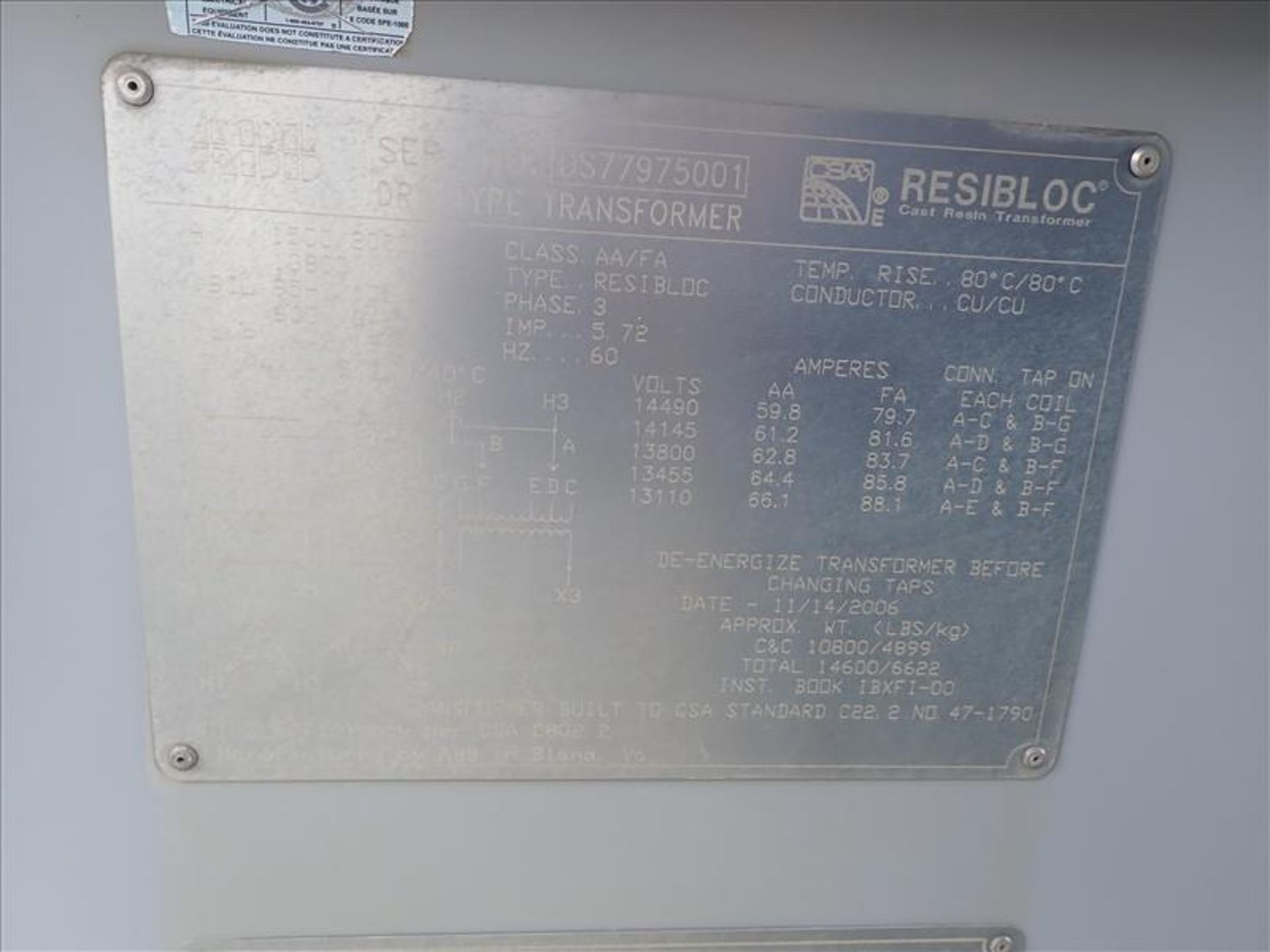 ABB ResiBloc Dry-Type Transformer, ser. no. DS77975001 (2006), 1500/2000KVA, 60Hz, 3Ph, 600Y/346V, - Image 4 of 4