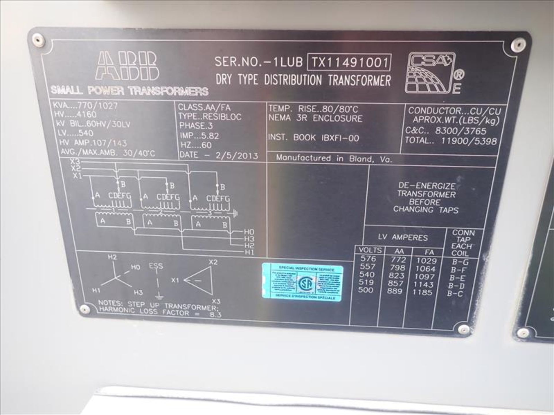 ABB Dry-Type Distribution Transformer, ser. no. 1LUB-TX11491001 (2013), 770/1027KVA, 60Hz, 3Ph, - Image 4 of 4