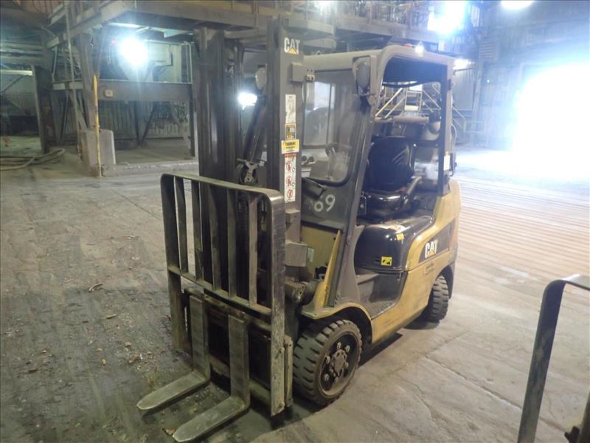 CAT forklift truck, mod. N/A, ser. no. N/A, N/A lbs cap., propane, 2-stage mast, side-shift, cab,