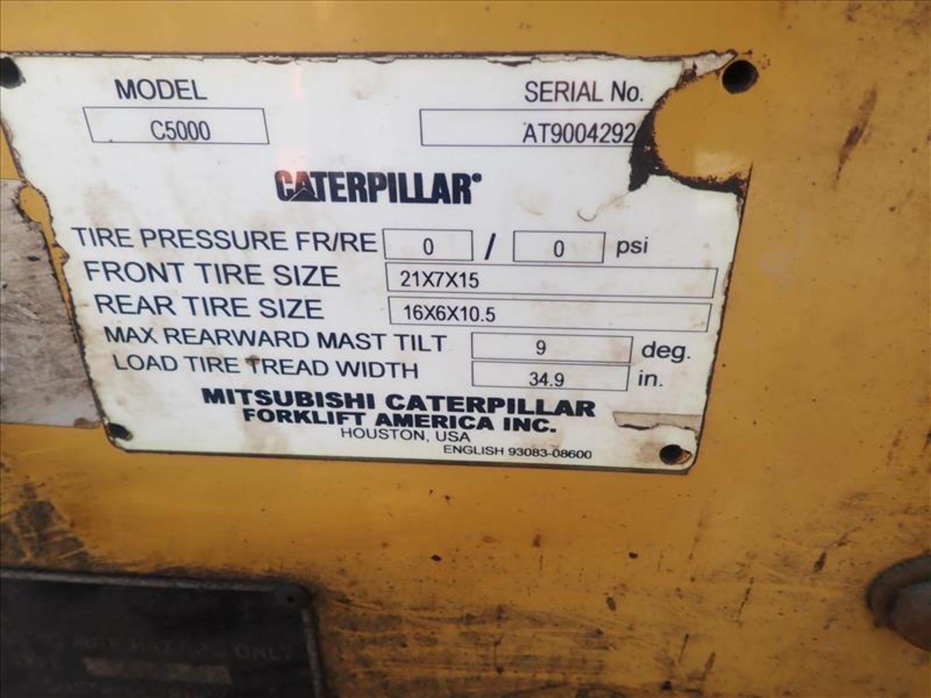CAT forklift truck, mod. C5000, ser. no. AT9004292, propane, 2-stage, hour meter reads N/A (Tag 9098 - Image 4 of 5