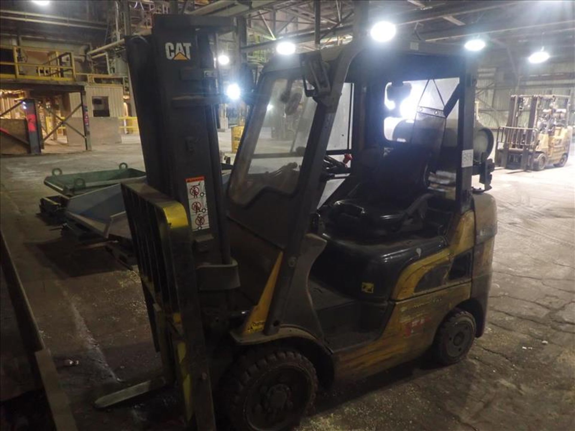 CAT forklift truck, mod. C5000, ser. no. N/A, N/A lbs cap., propane, 2-stage mast, cab, hour meter