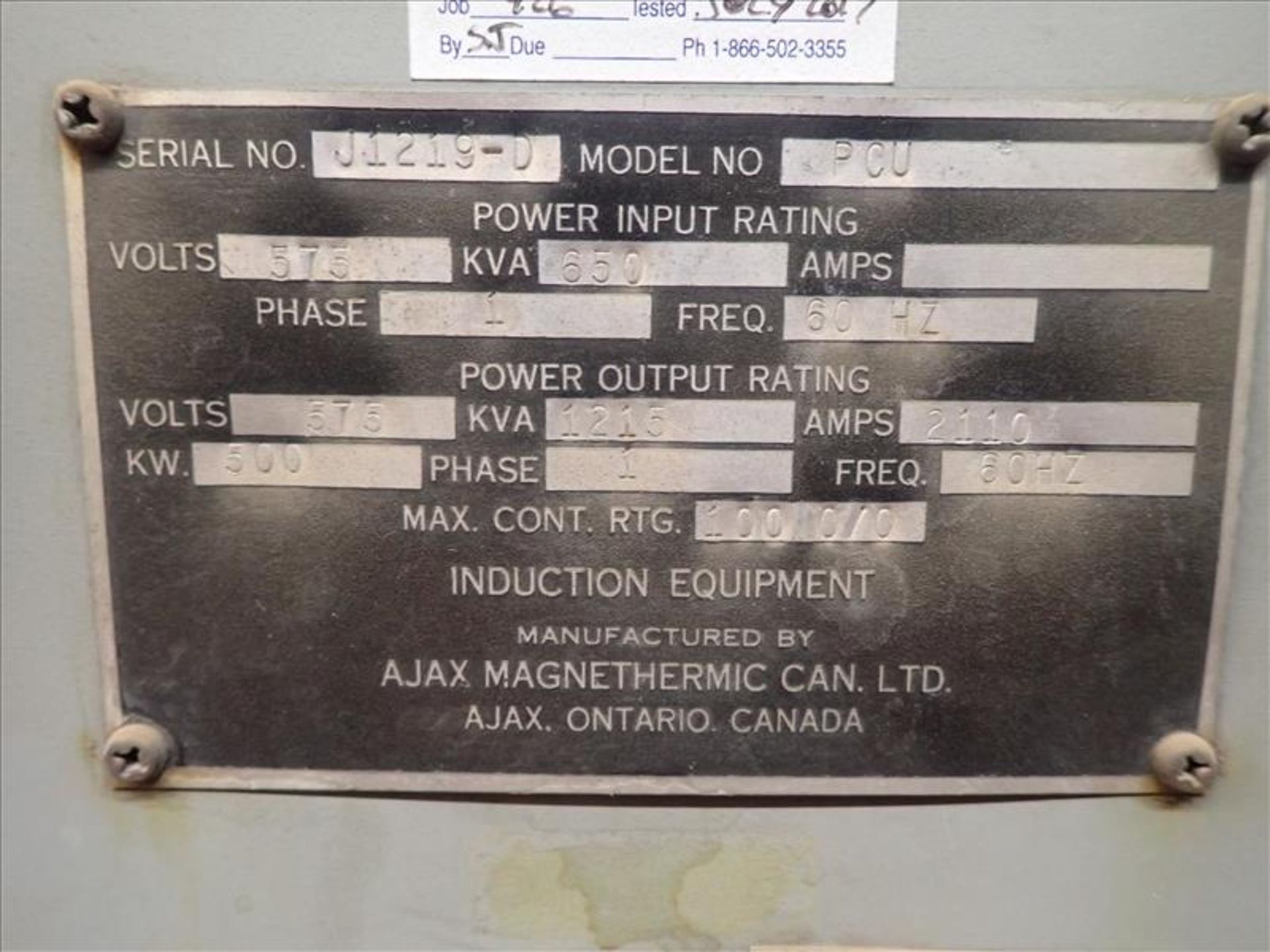 Ajax Magnethermic induction heating power supply, mod. PCU, 650 KVA (Tag 7620 Loc Casting) - Image 3 of 3
