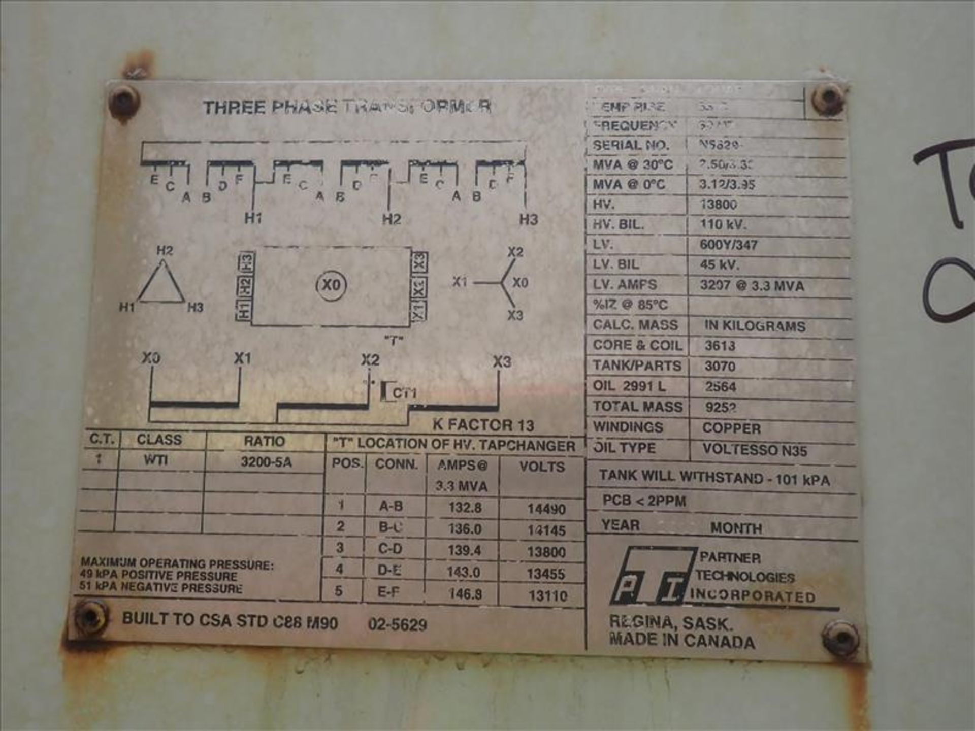 PTI transformer, 3.3 MVA, 13800 HV, 600Y/347 LV (Tag 9101 Loc S. Cell House Sub Stn) - Image 3 of 3