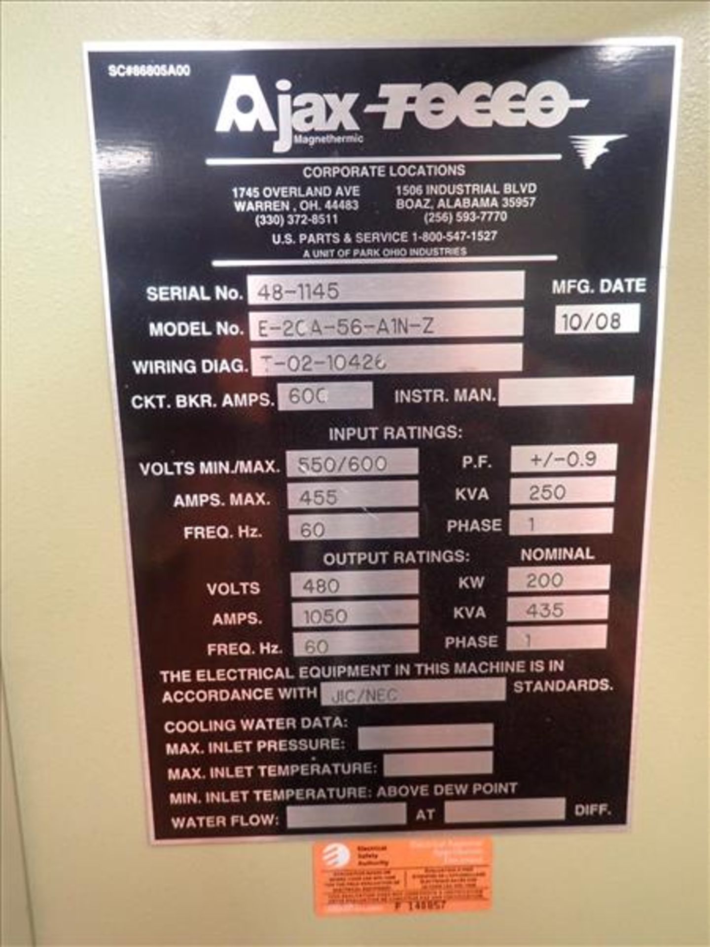 Ajax Tacco induction heating power supply, mod. E-20A-56-A1N-2, 250 KVA (Tag 7597 Loc Casting) - Image 2 of 2