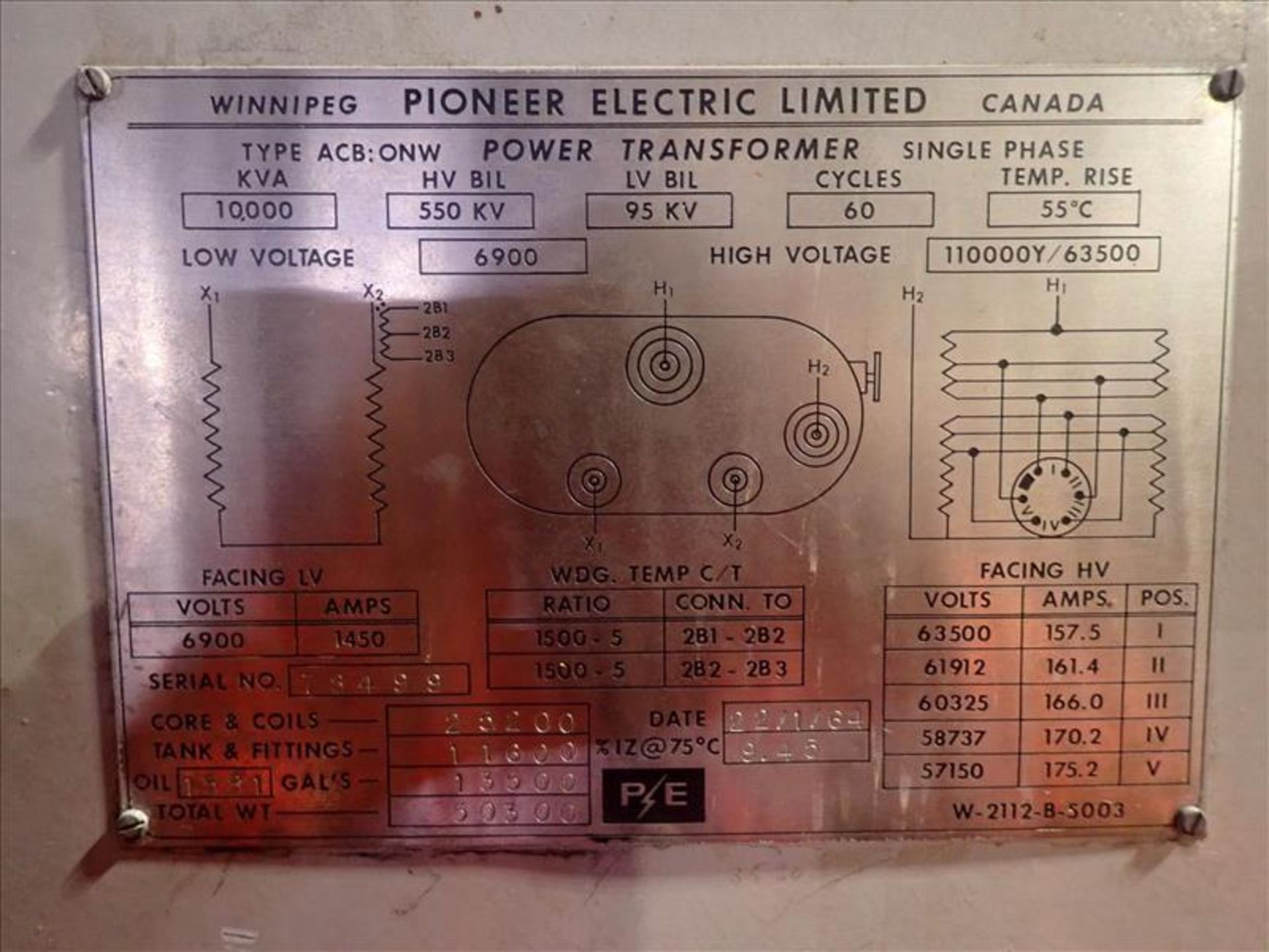 Federal Pioneer water-cooled transformer, 10000 KVA, 6900 V, 1450 A (Tag 7148 Loc Central Sub Stn) - Image 3 of 3