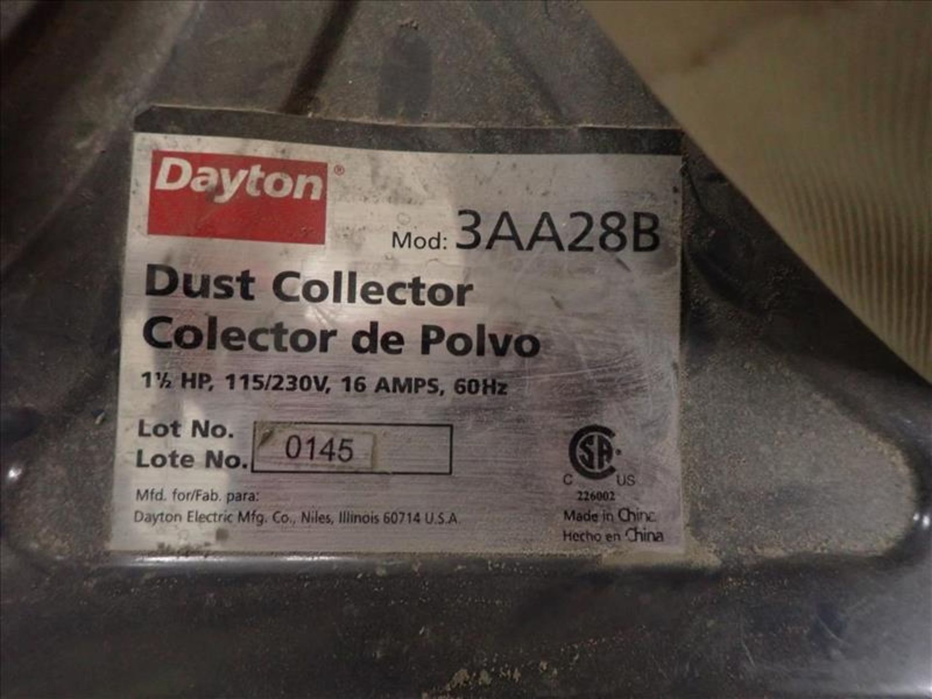 Dayton dust collector, mod. 3AA28B, 1.5 hp (Tag 8797 Loc Mill Carp Shop) - Image 2 of 2